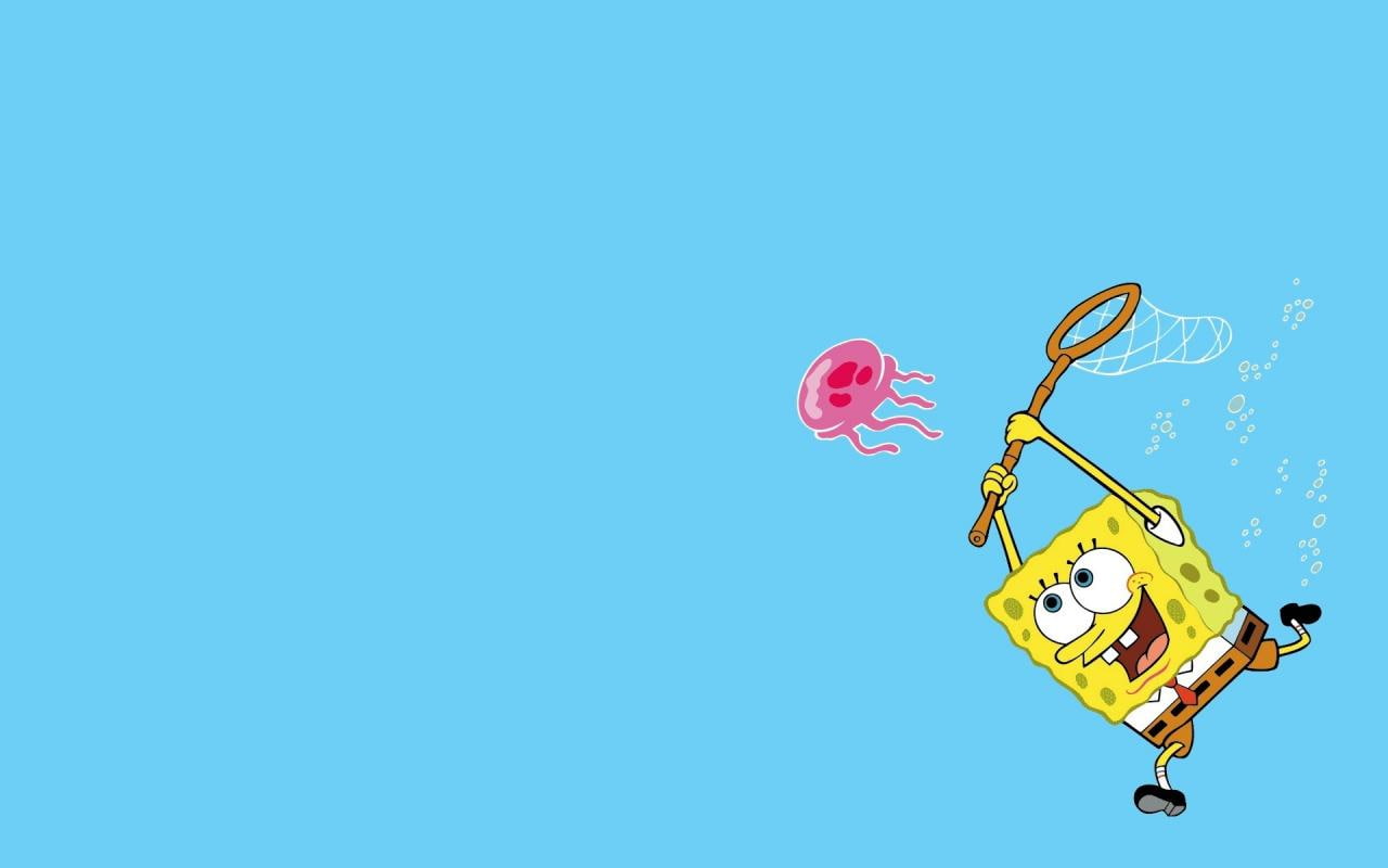 Cartoons, Spongebob, Cute, Lovely, Playing, Blue Background