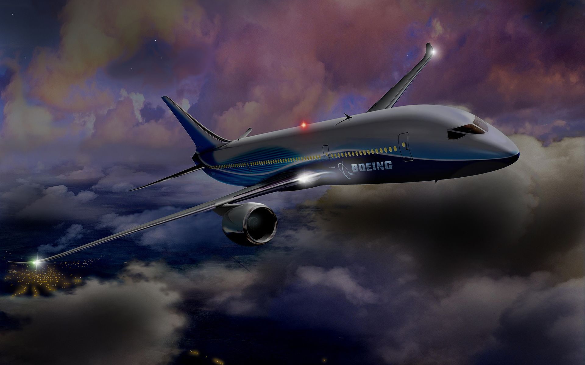787, boeing, dreamliner, flight, night