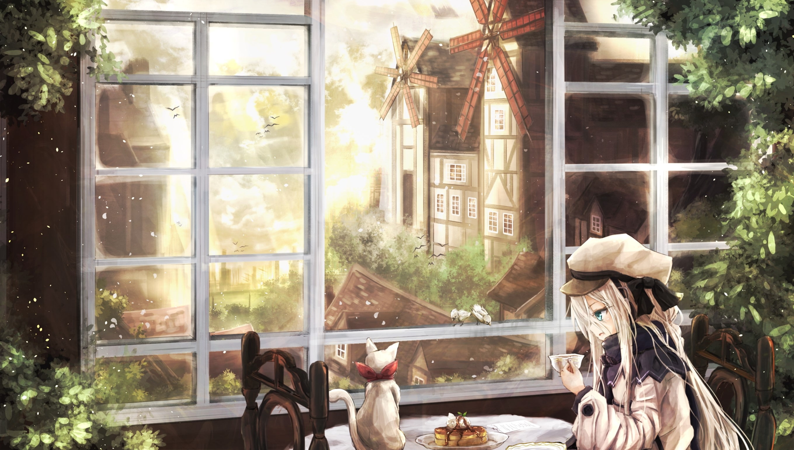 anime girl, fantasy, cat, coffee, cake, windmill, window, glass - material