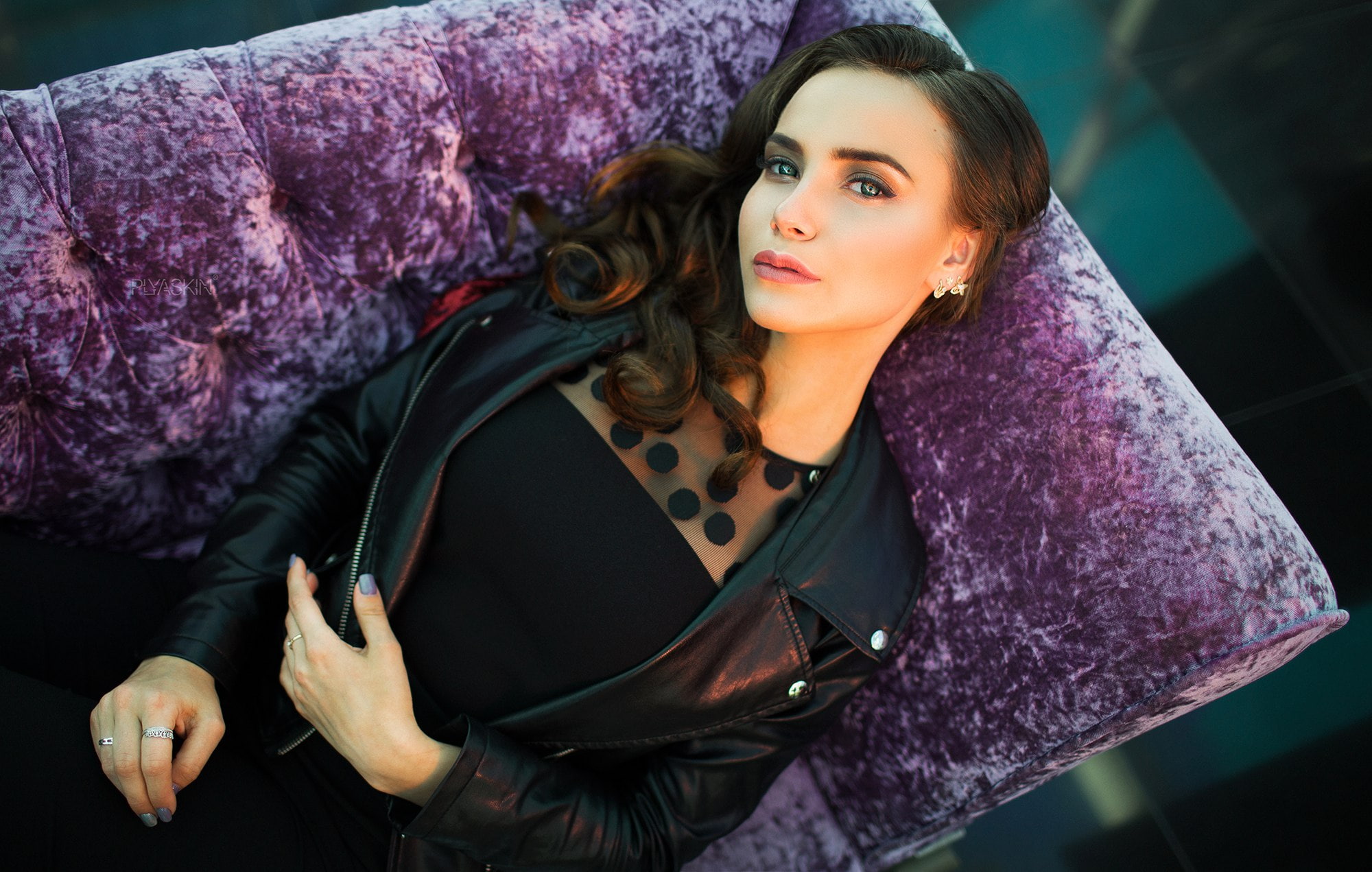 purple, face, women, leather jackets, portrait, model, Vitaly Plyaskin