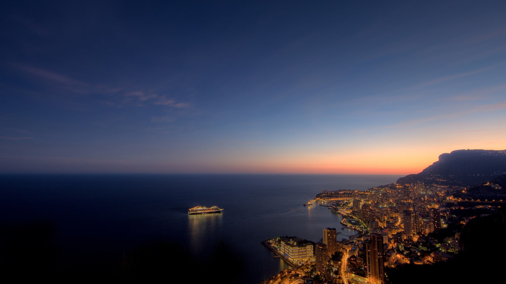 city skyline, cityscape, sunset, Monaco, sea, lights, horizon