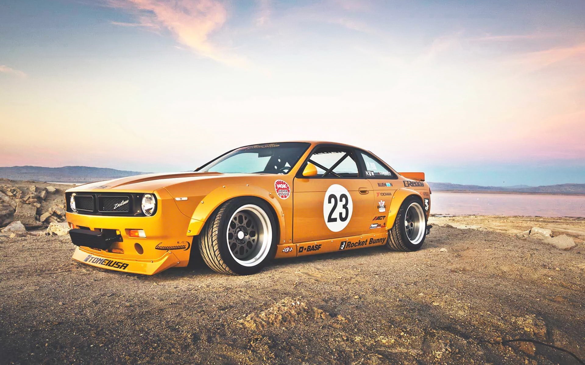 yellow sports coupe, nissan 240sx, rocket bunny, side view, car