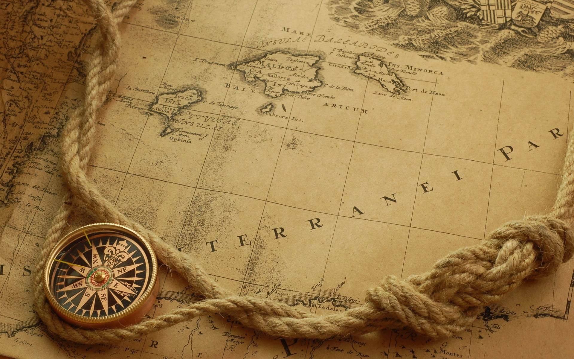 brown map with compass illustration, old map, ropes, antique