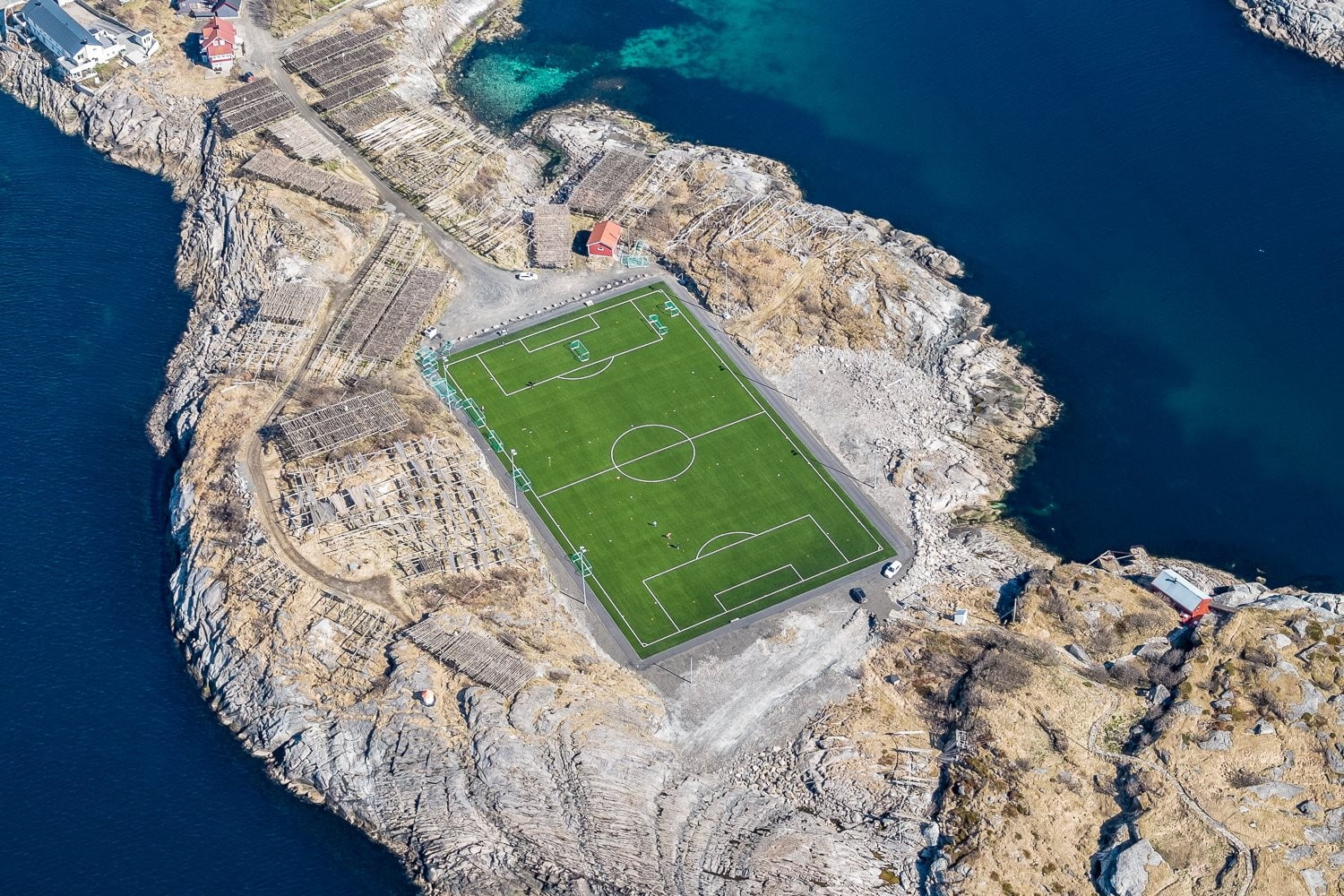Lofoten Islands, soccer pitches, landscape, field, Norway, aerial view