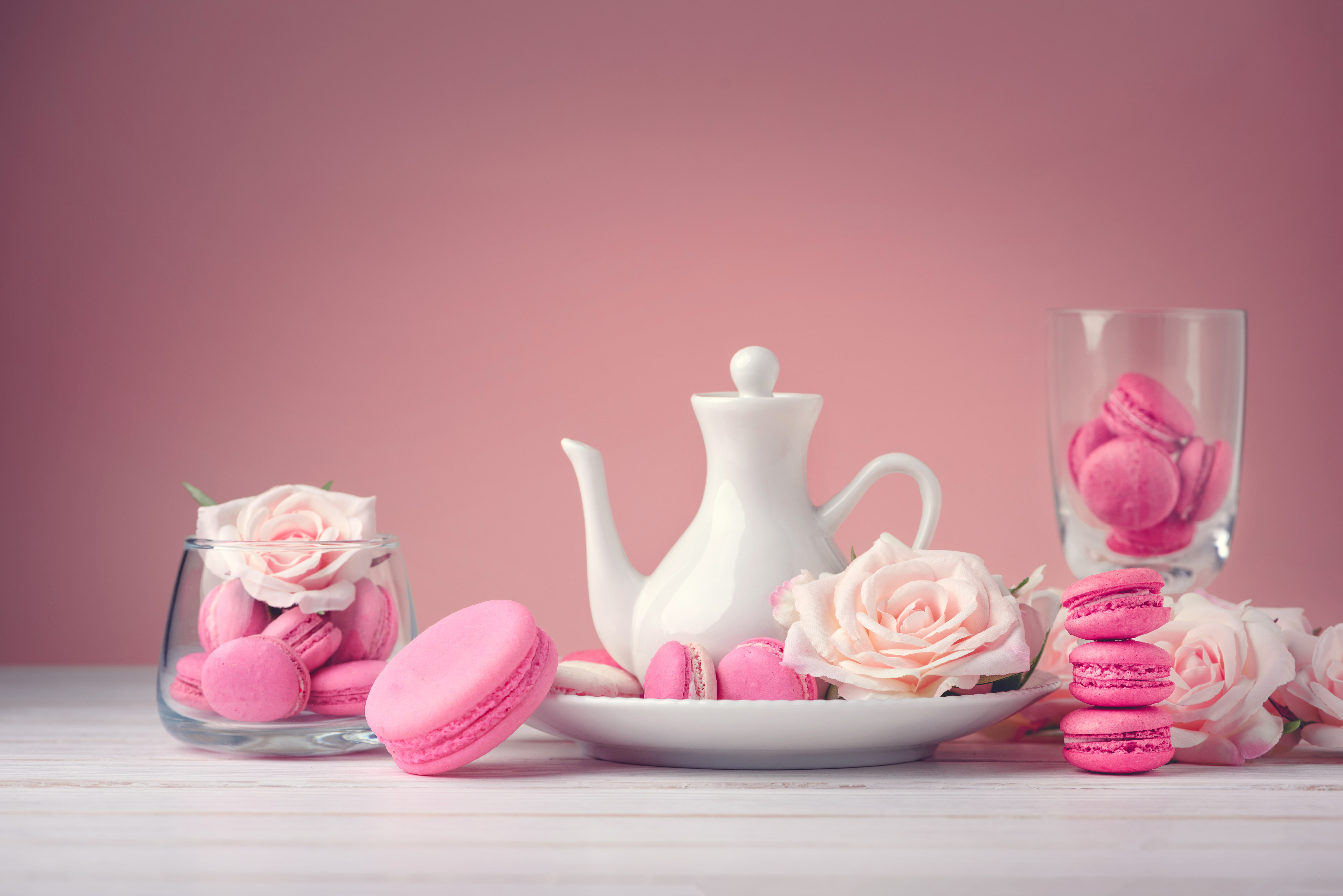 flowers, roses, dessert, pink, cakes, sweet, macaroon, french