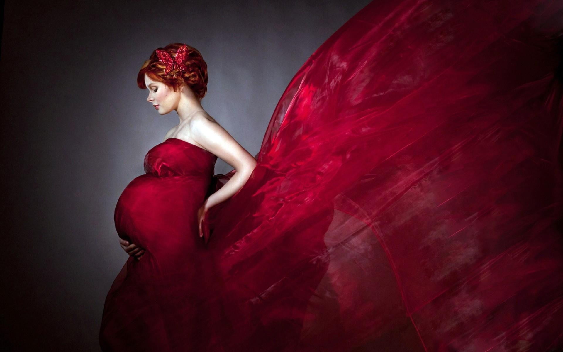 women's red tube gown painting, pregnant, artwork, butterfly