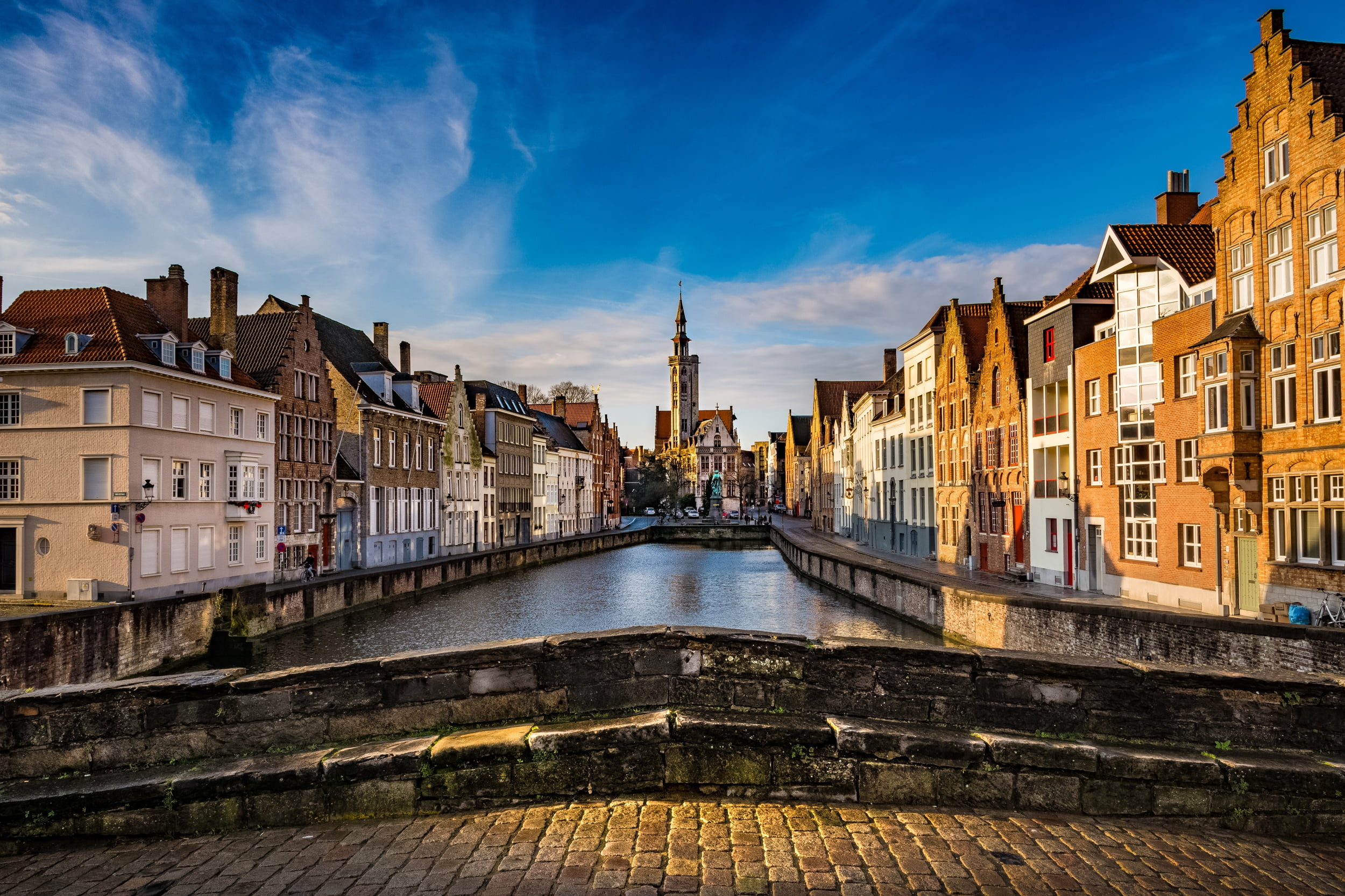 bridge, building, channel, Belgium, Bruges, embankments, Jan van eyck square
