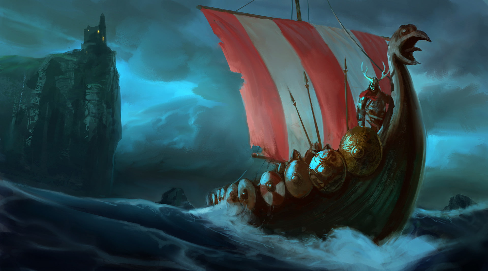 digital art, warrior, storm, Vikings, longships