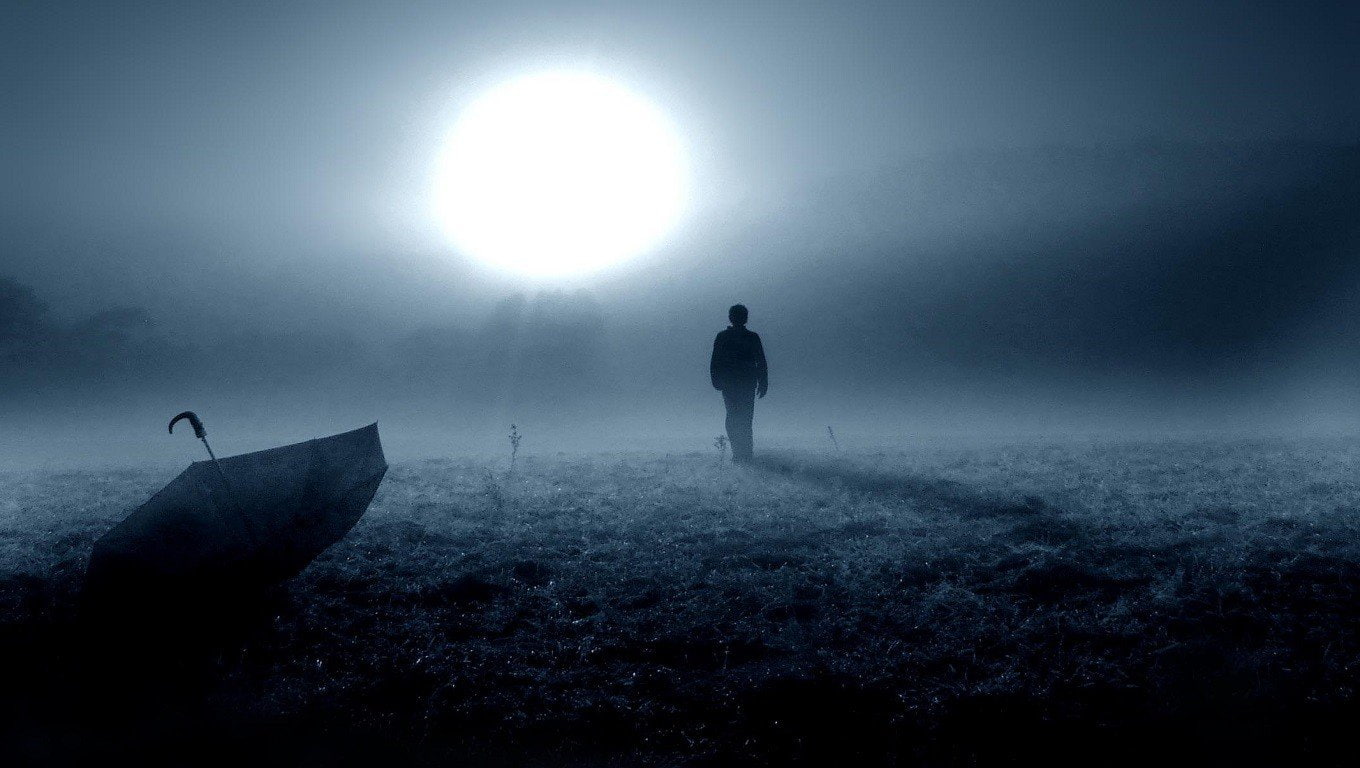 loneliness sad, silhouette, one person, sky, nature, fog, full length