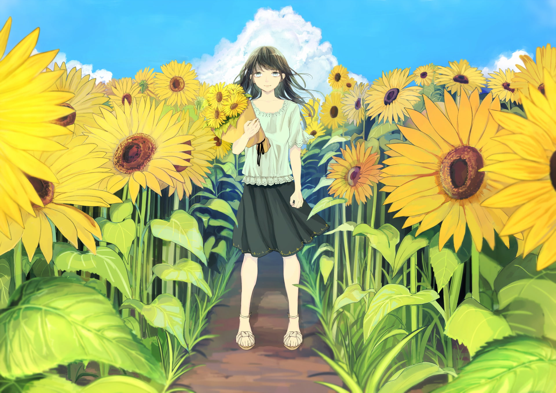 Free Download Hd Wallpaper Anime Original Black Hair Long Hair Sunflower White Eyes 1158