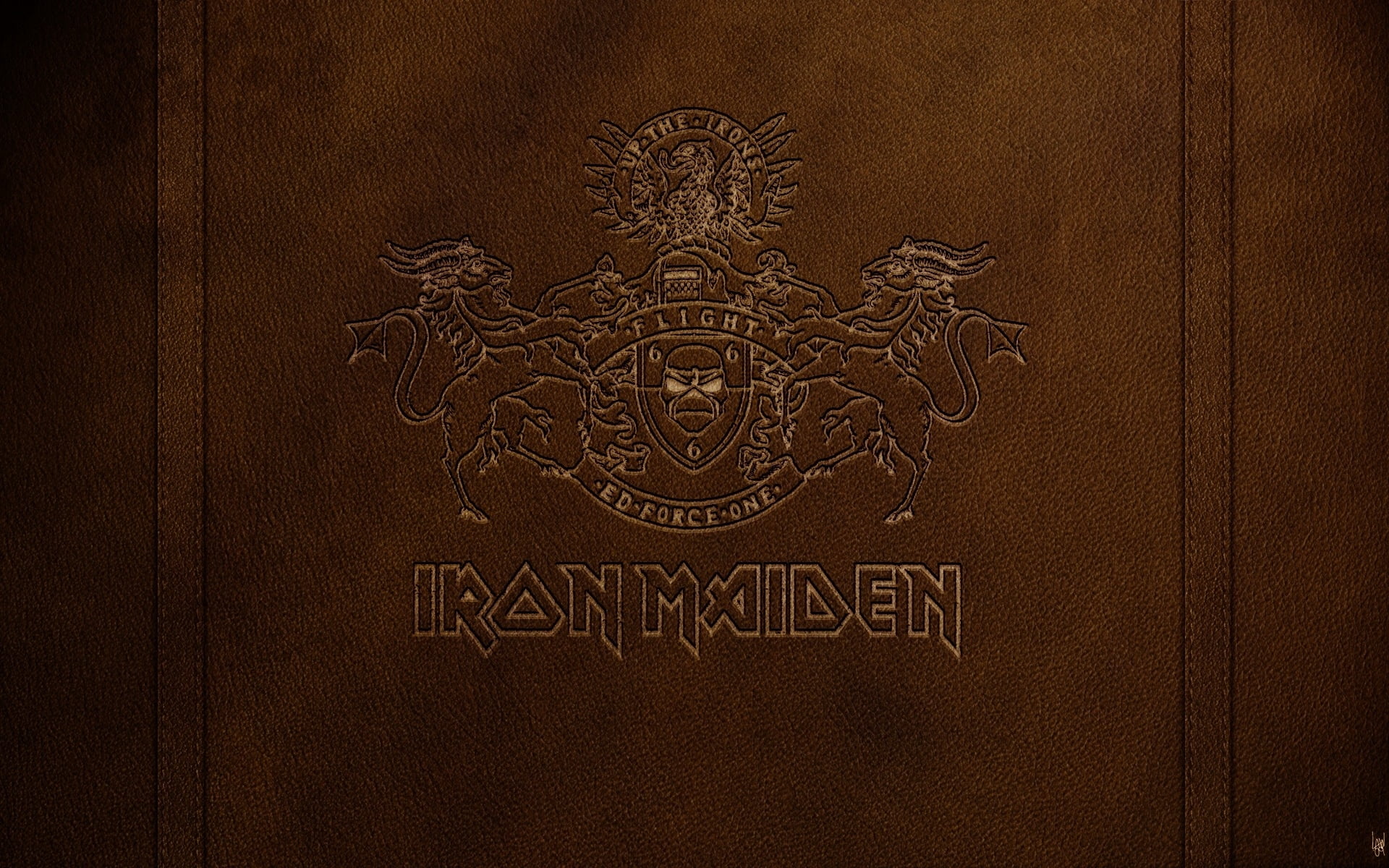 Iron Maiden logo, letters, symbol, coat of arms, animals, backgrounds