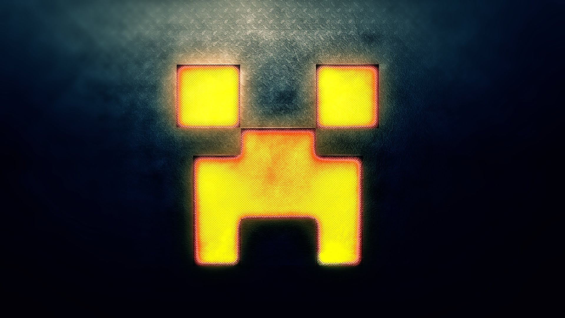 yellow Minecraft Creeper face logo, untitled, video games, illuminated