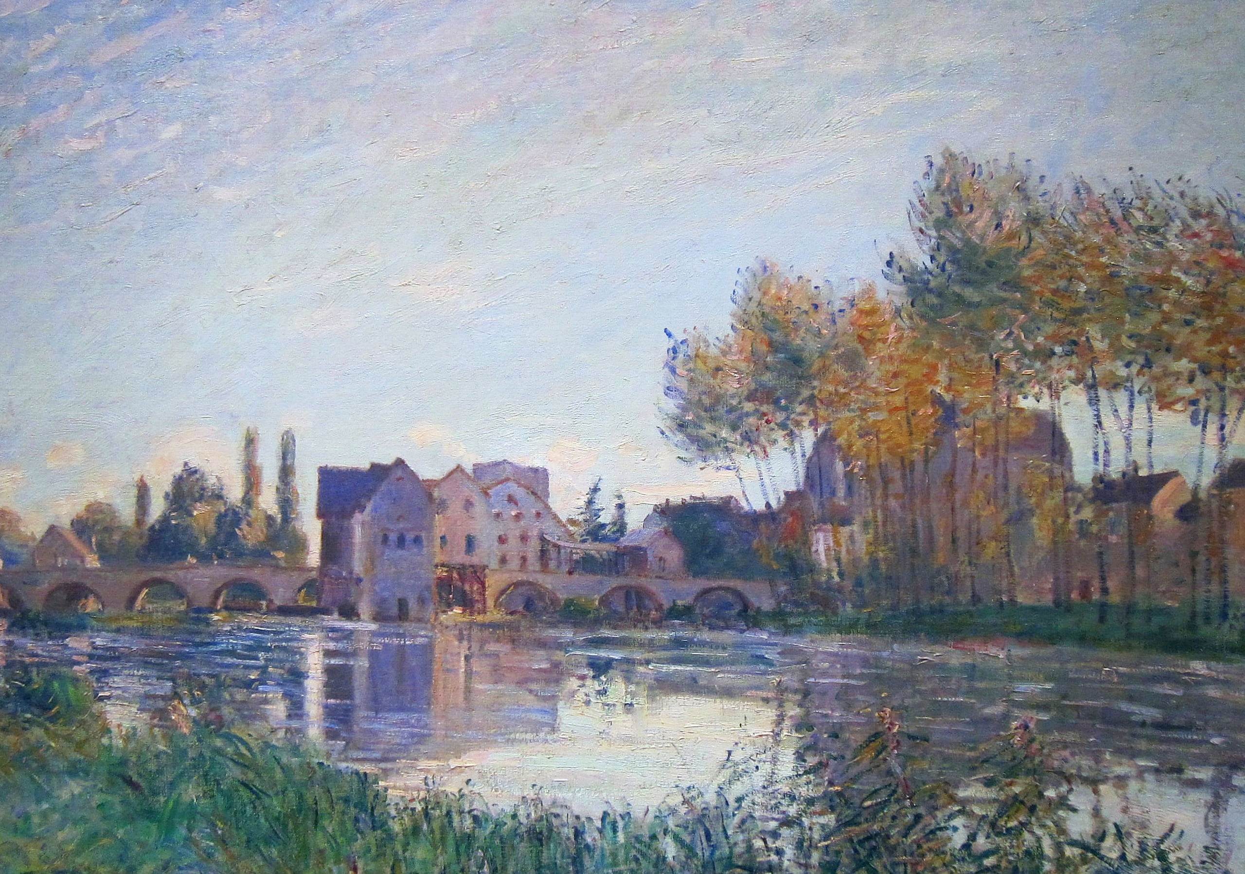 autumn, trees, landscape, bridge, river, home, picture, Alfred Sisley