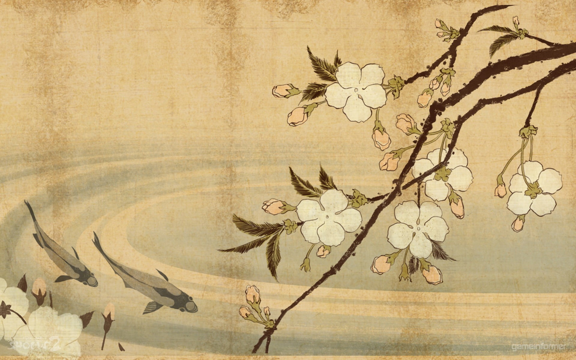 white flowers wallpaper, artwork, minimalism, Chinese, fish, tree