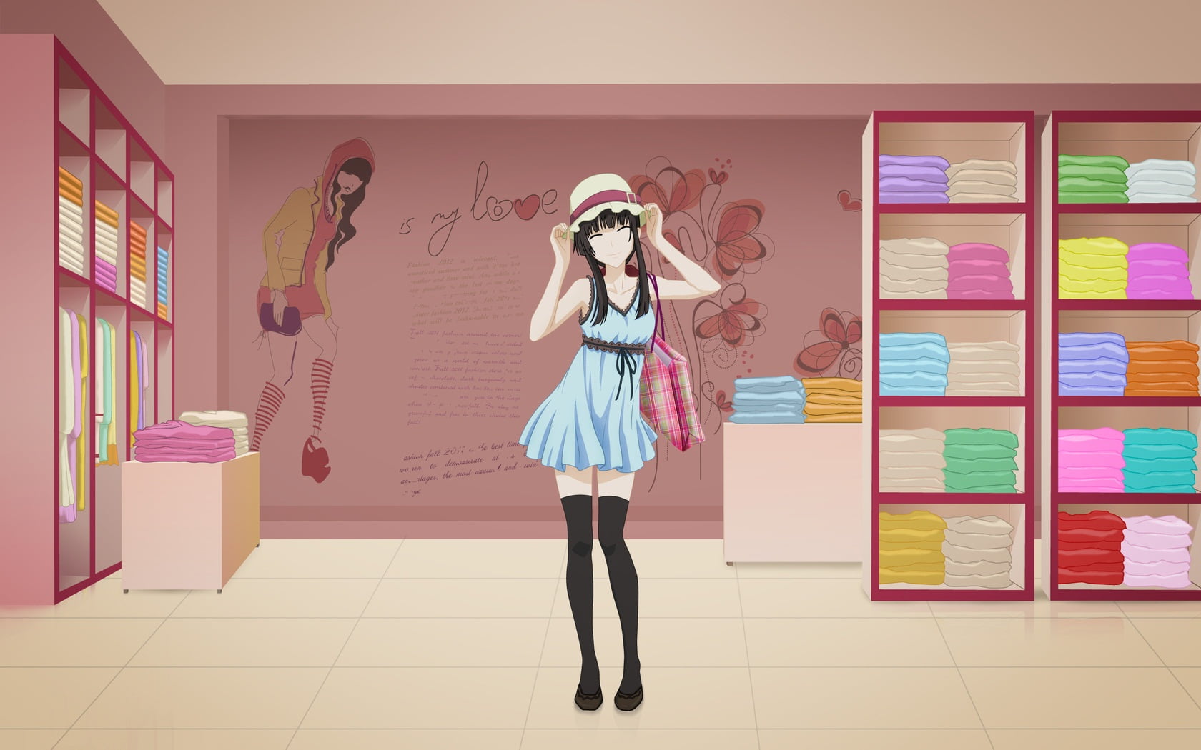 Anime Girl In Clothing Shop, female anime character in gray dress