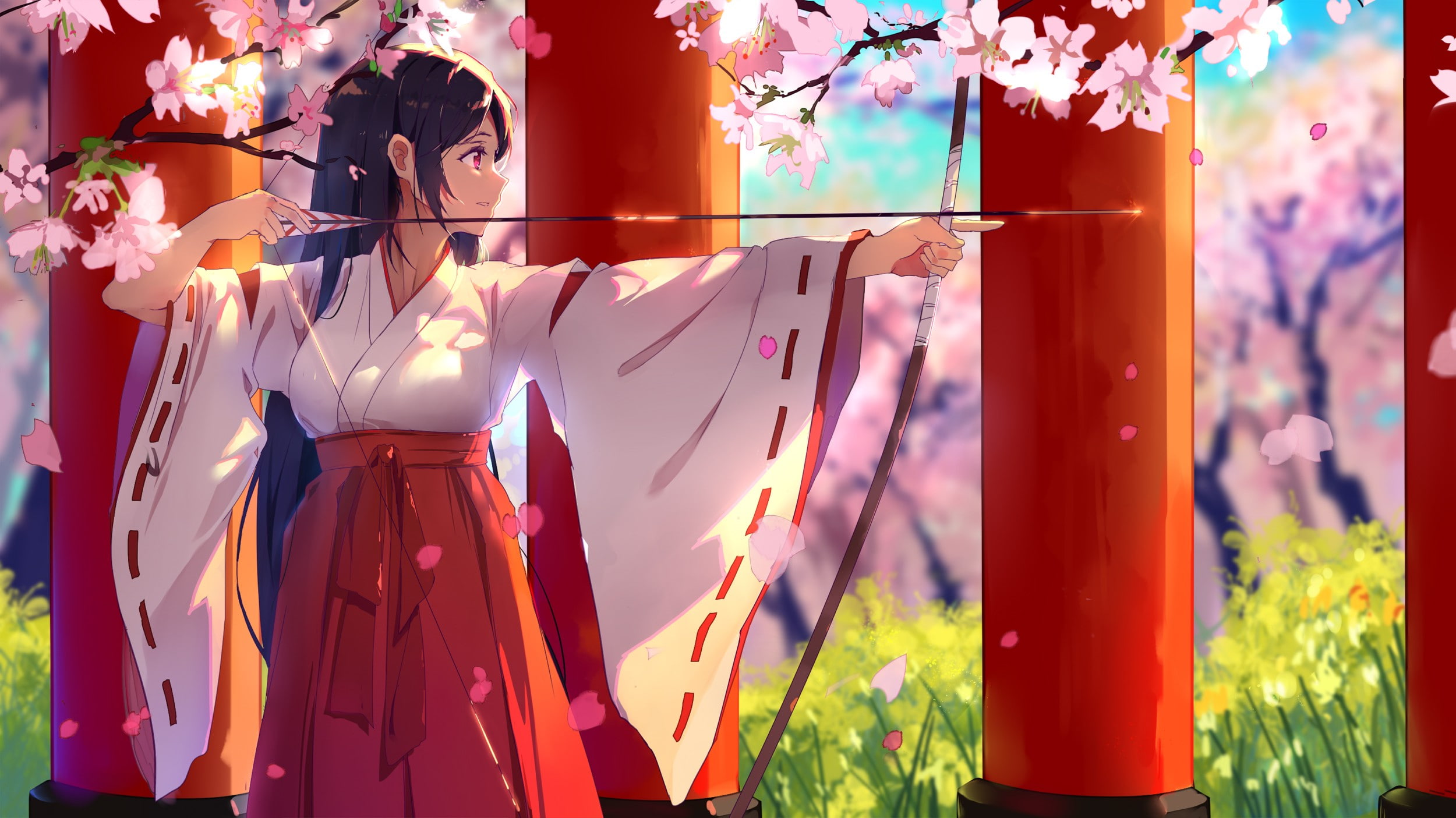 cherry blossom, miko, anime girls, Japanese kimono, bow, red eyes
