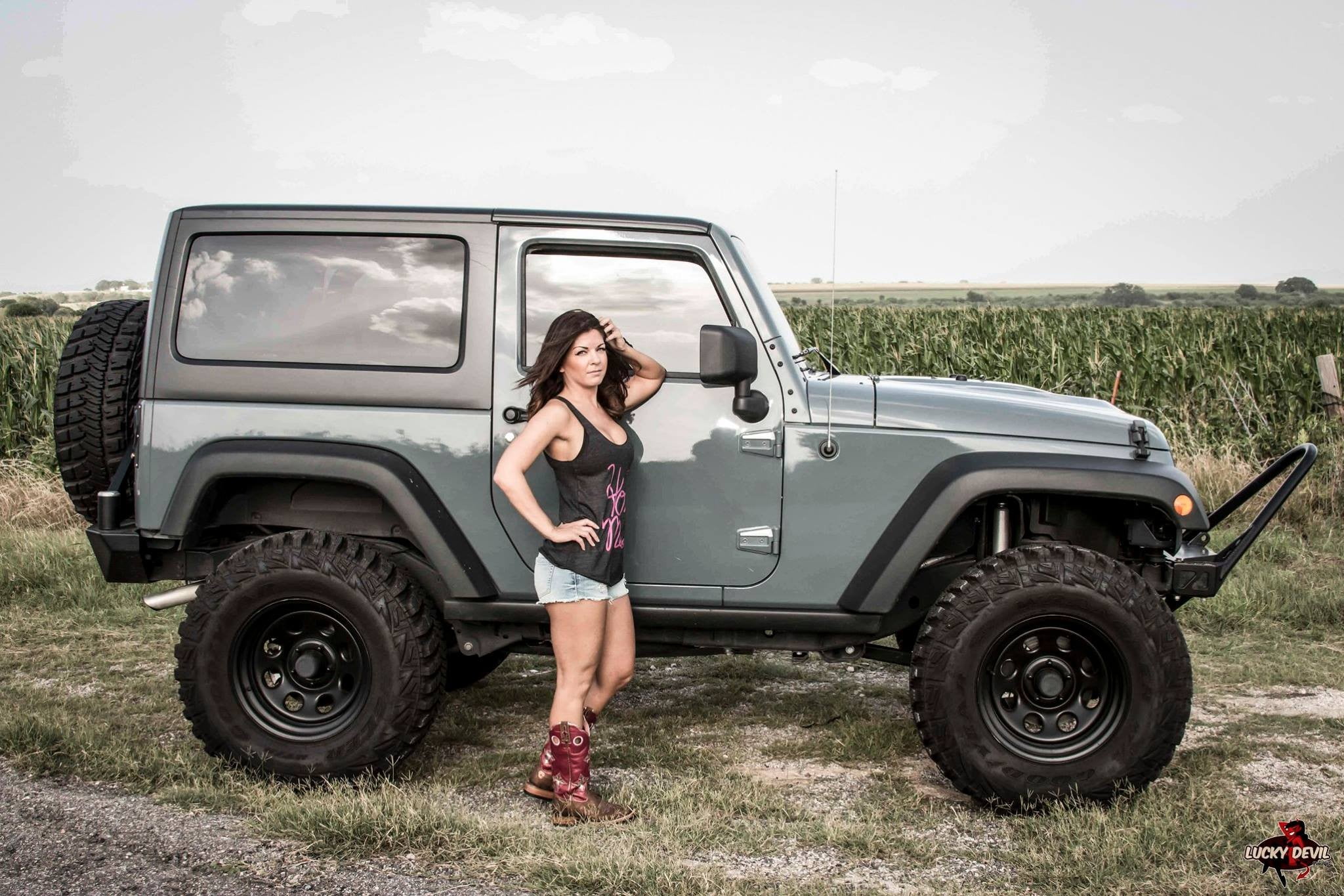 car, Jeep, looking at viewer, boots, women, vehicle, mode of transportation