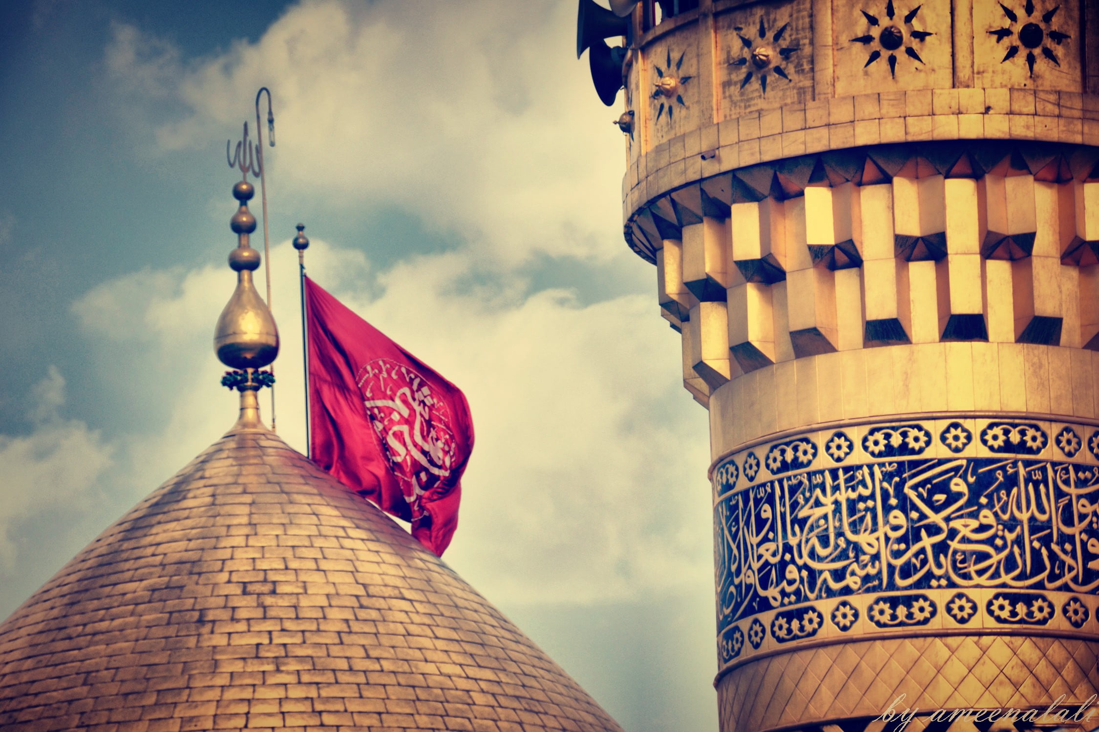 brown concrete temple with red and white flag, Abolfazl, Imam Hussain