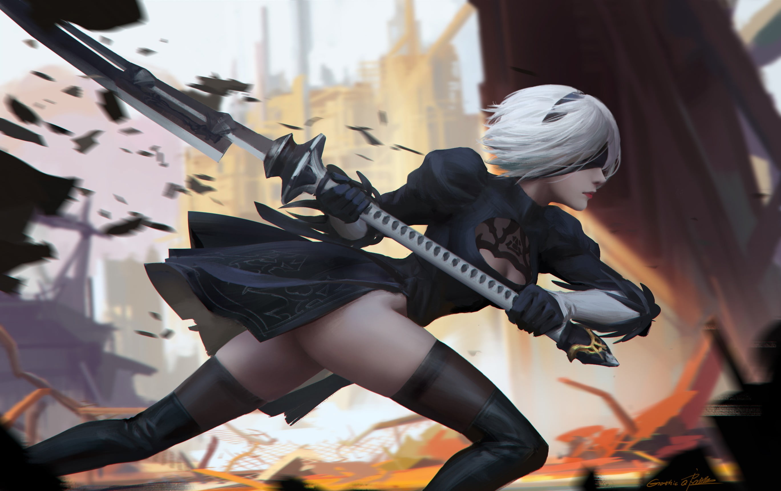 gray-haired girl character holding spear wallpaper, Nier: Automata