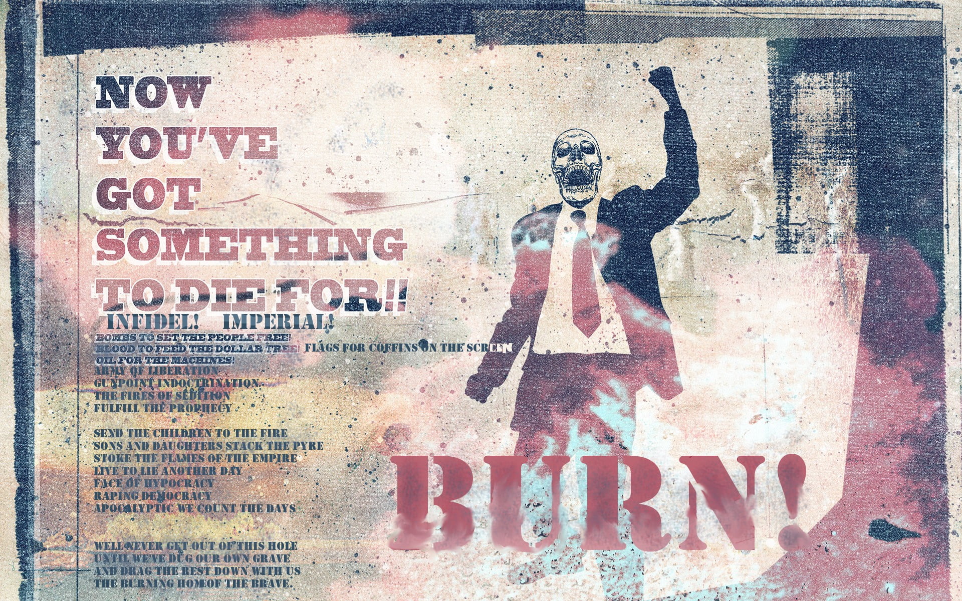 Burn album wallpaper, Lamb of God, war, burning, graffiti, skull