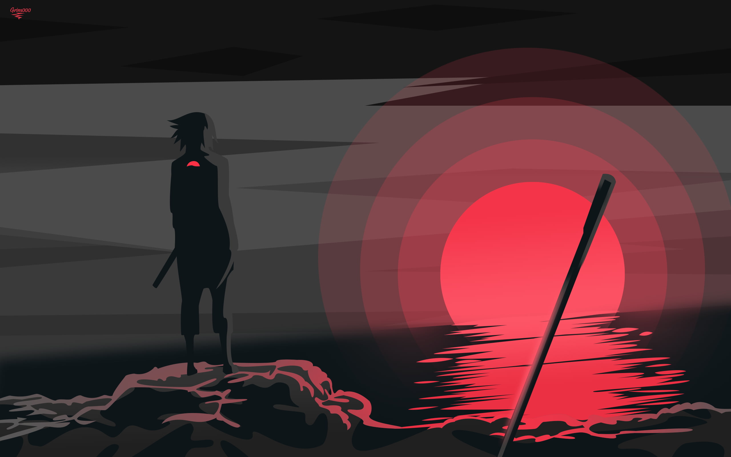 Uchiha Sasuke, Naruto (anime), sunset, sword, minimalism, monochrome