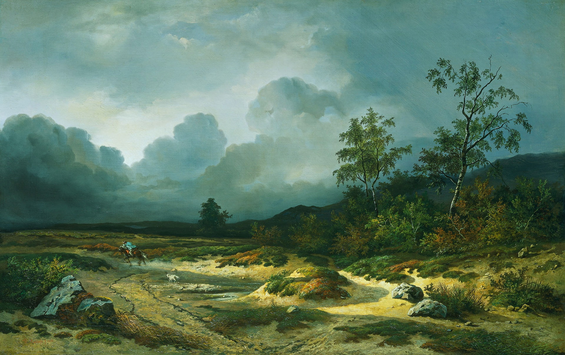 nature, oil, picture, canvas, Willem Roelofs, Landscape with Approaching Storm