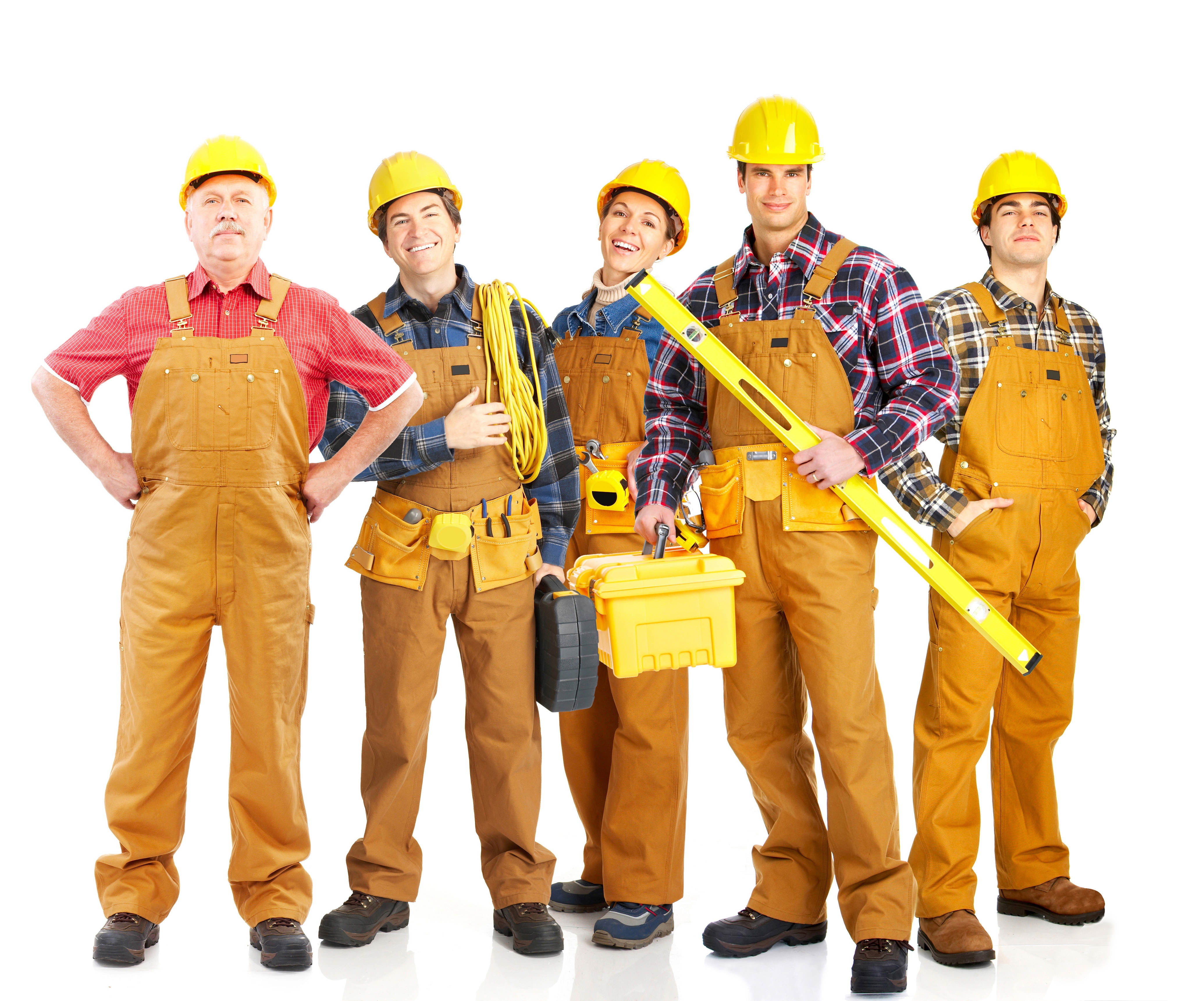 men's red and black plaid sport shirt, builders, tools, helmets