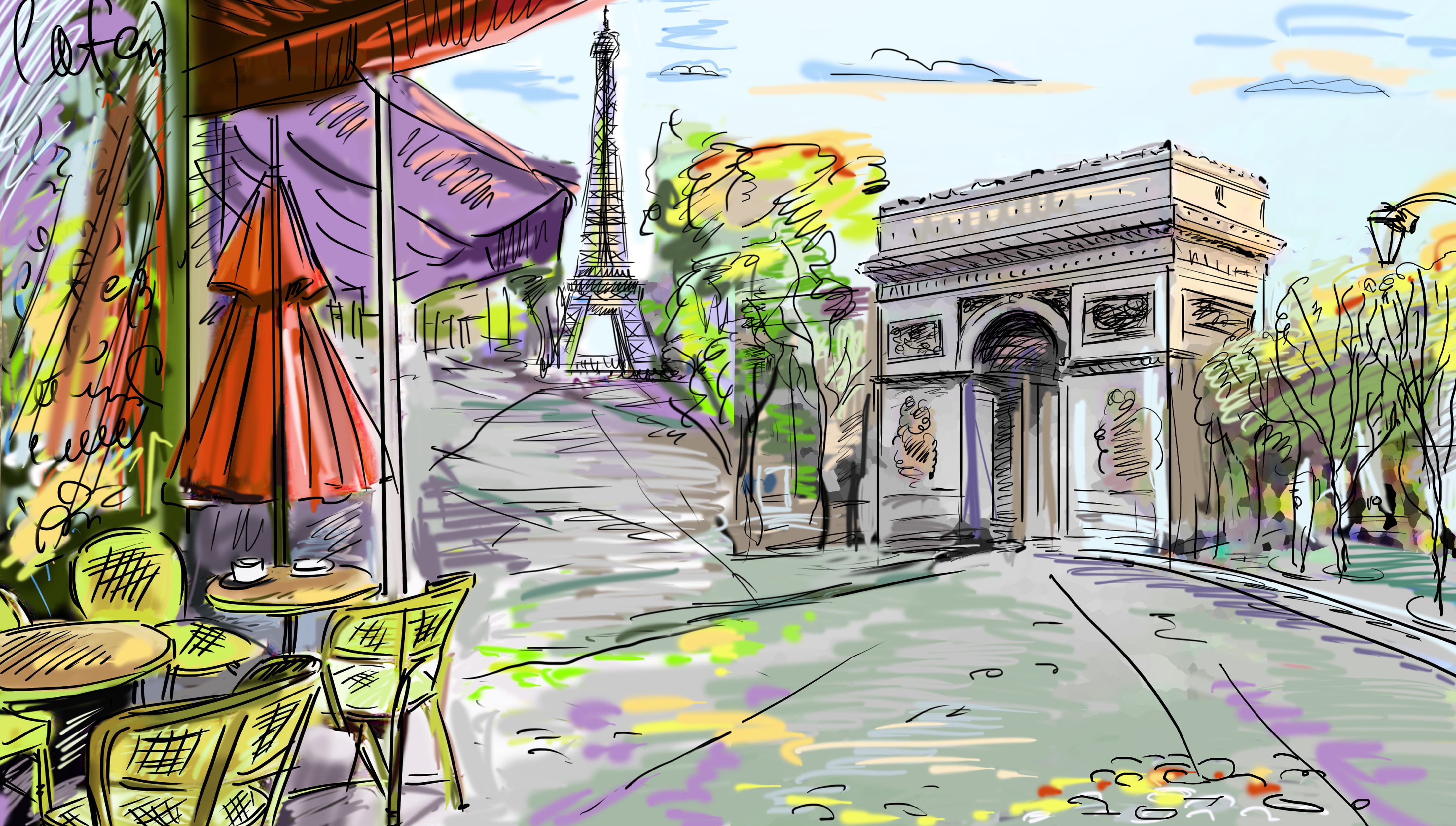 Eiffel Tower painting, trees, Paris, chairs, cafe, France, table