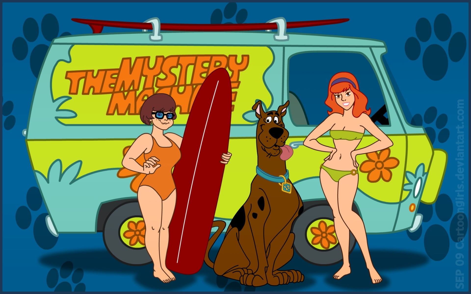 Scooby-Doo cartoon digital wallpaper, The Mystery Machine, Velma Dinkley