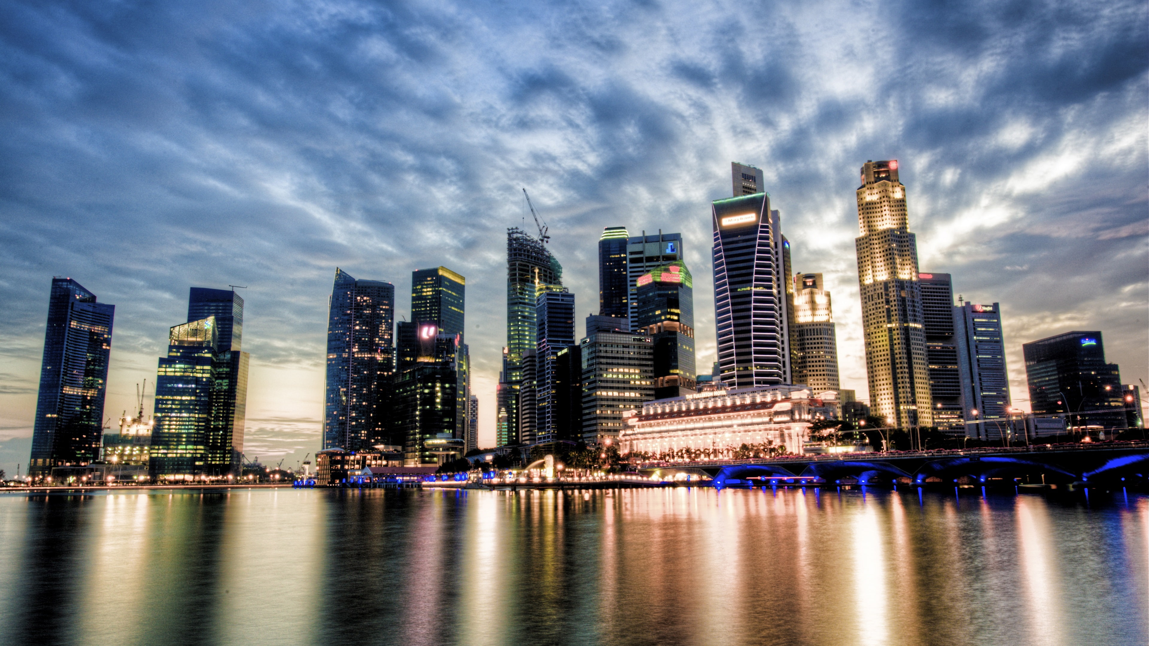 Singapore, city view, sunset, skyscrapers, clouds, river, water reflection