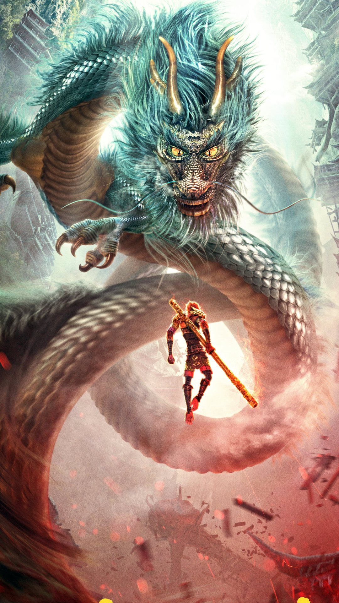Monkey King Hero Is Back Movie, dragon and man with stick digital wallpaper