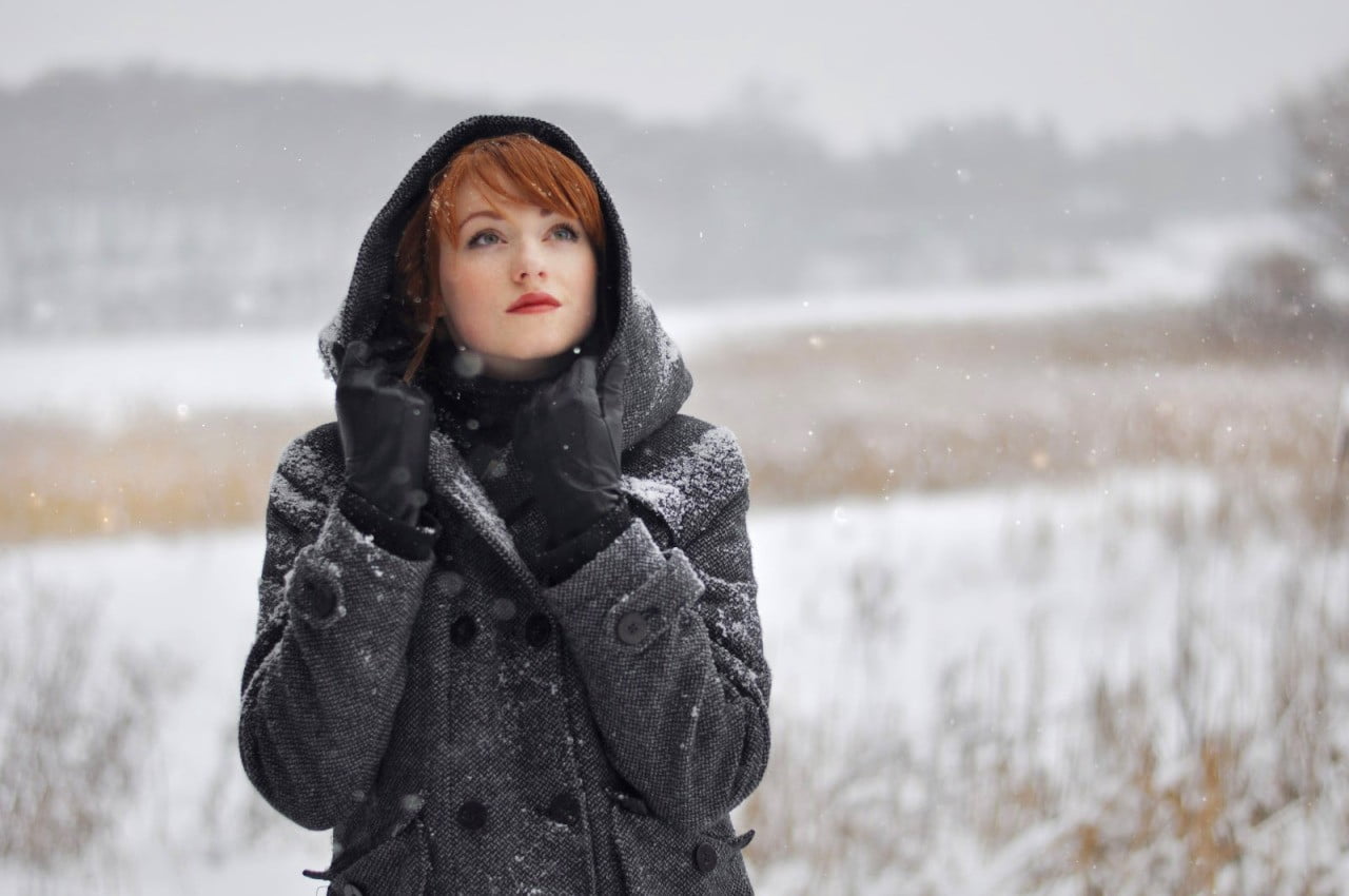 women, redhead, Alina Kovalenko, snow, hoods, coats, women outdoors
