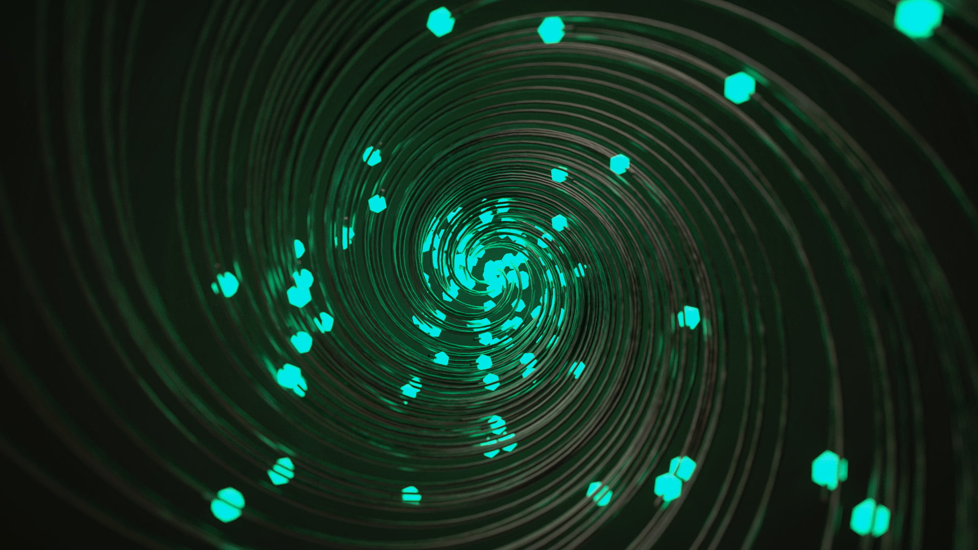 glowing, green, spiral, floating particles, abstract, 3D Abstract