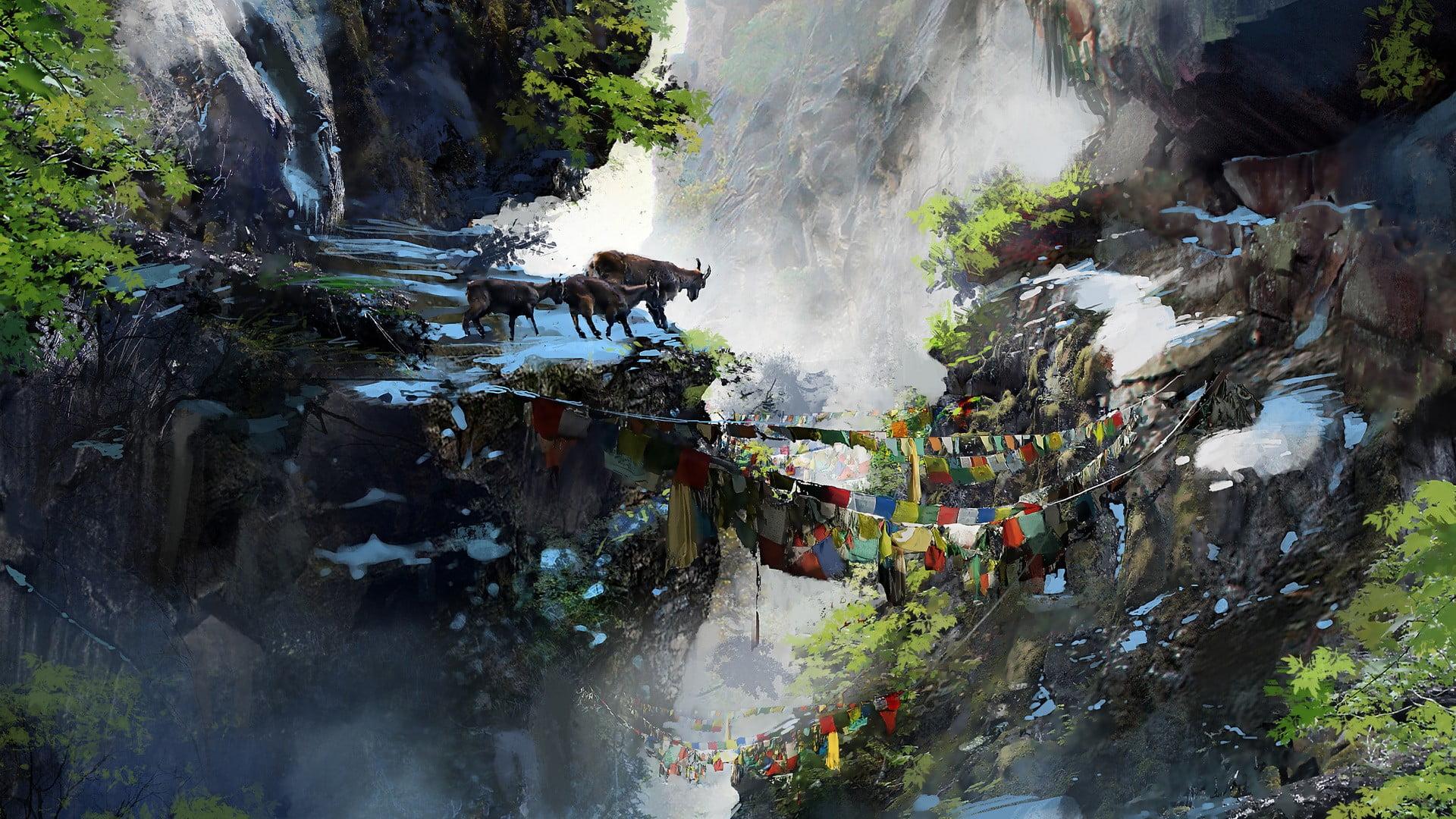 video games, artwork, Far Cry 4, concept art, goats, rock, water