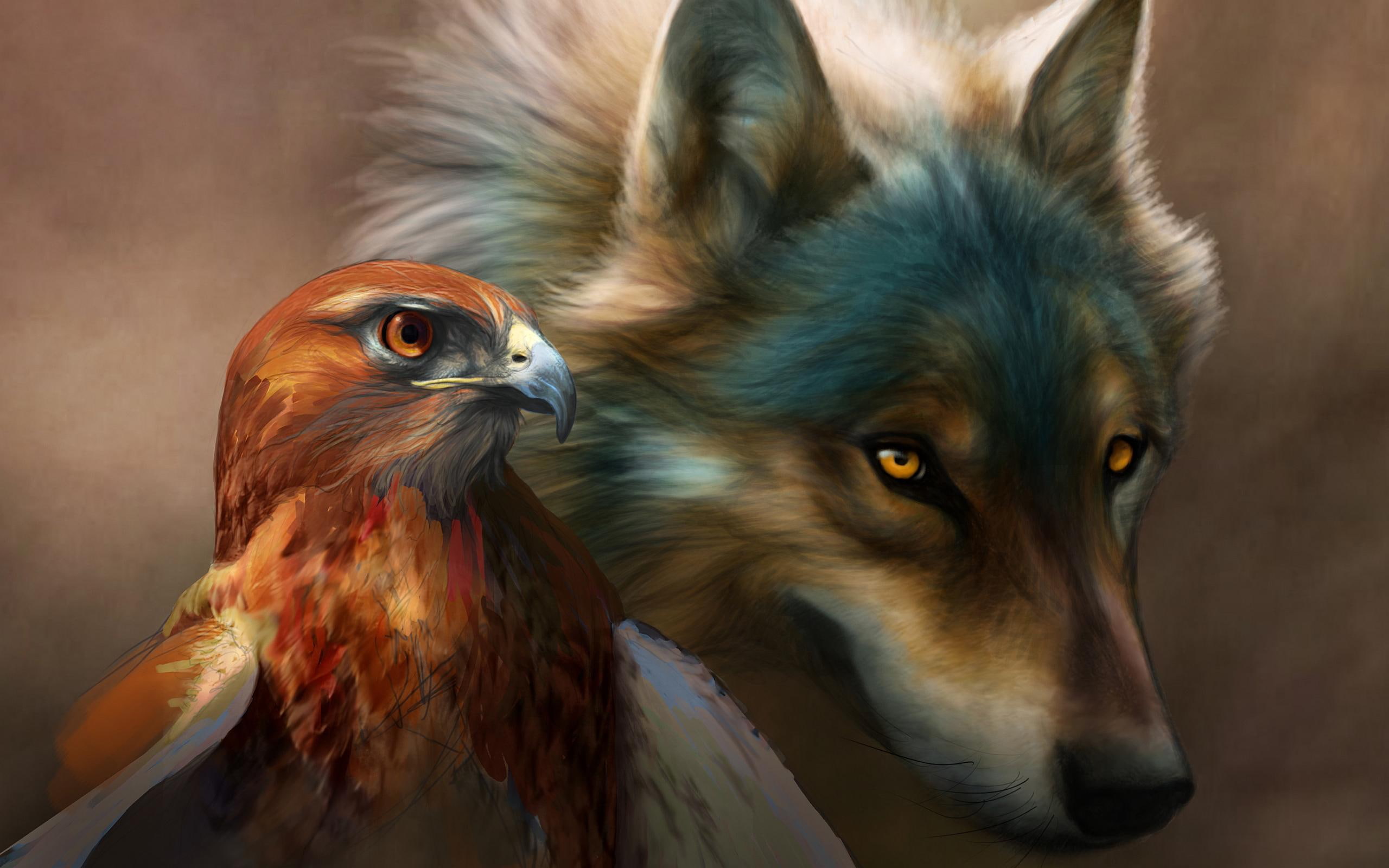 EAGLE AND THE WOLF, golden eagle and brown wolf, painting