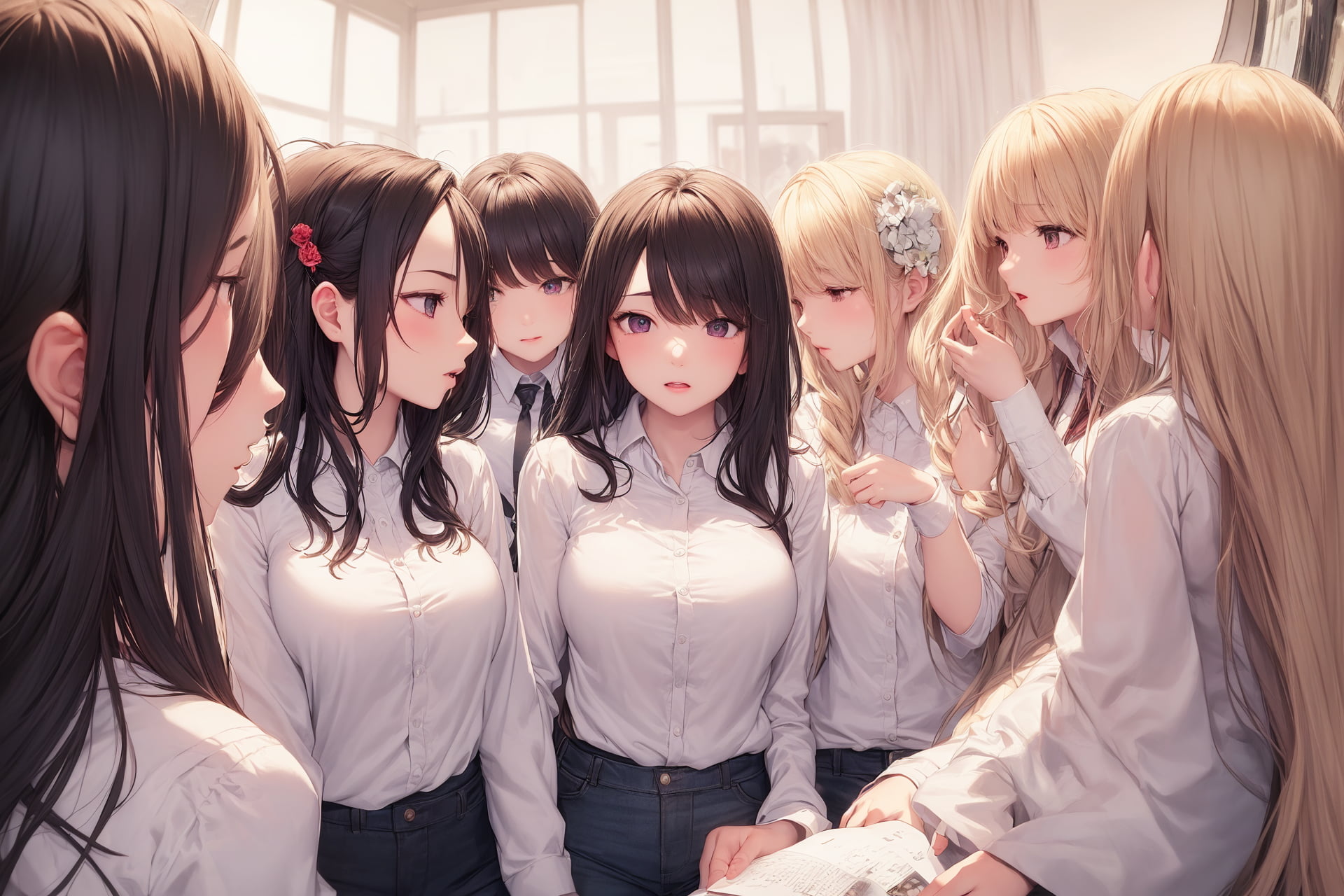 Pixiv, AI art, big boobs, harem, group of women, long hair