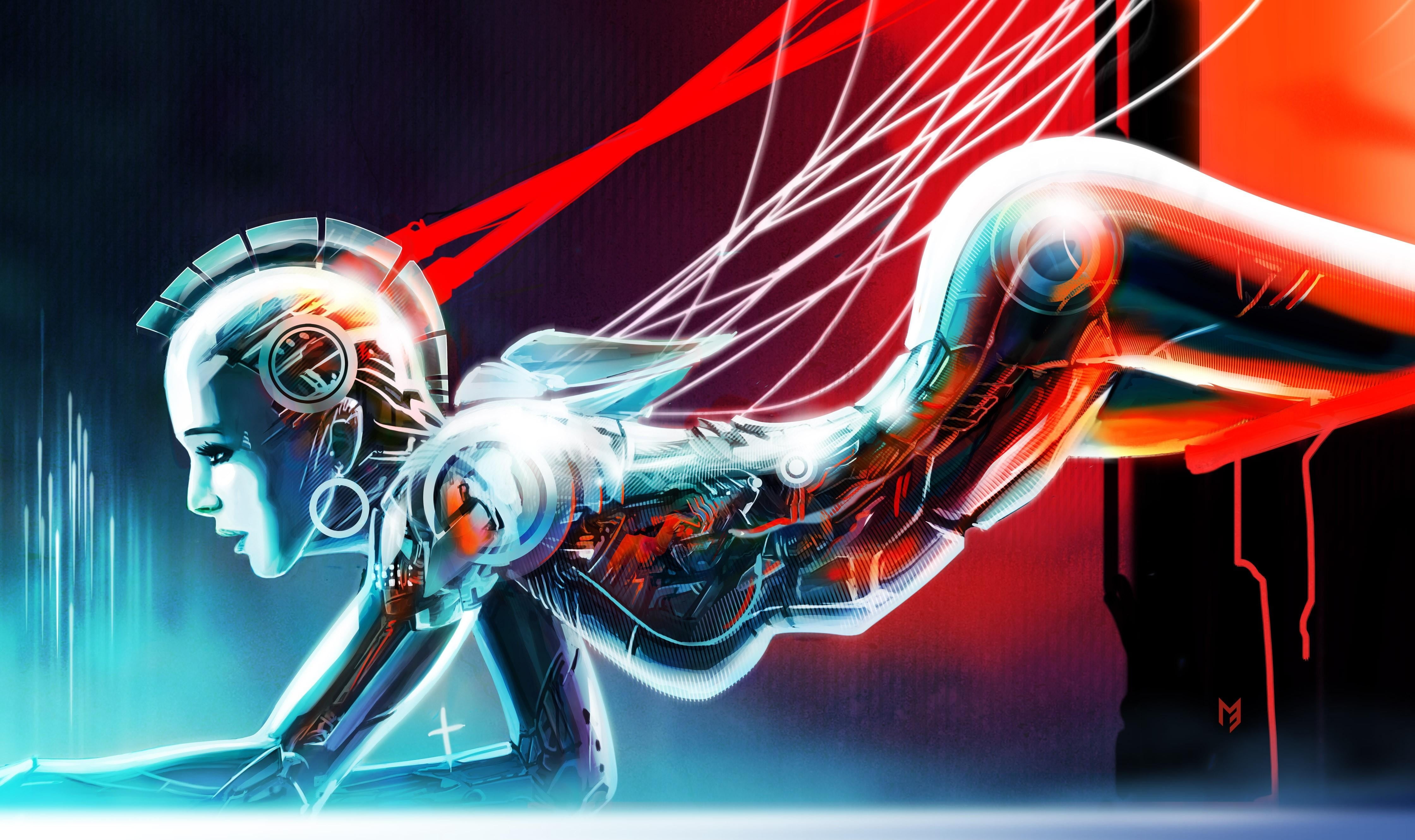 robot illustration, girl, cyborg, lie, futuristic, science, technology