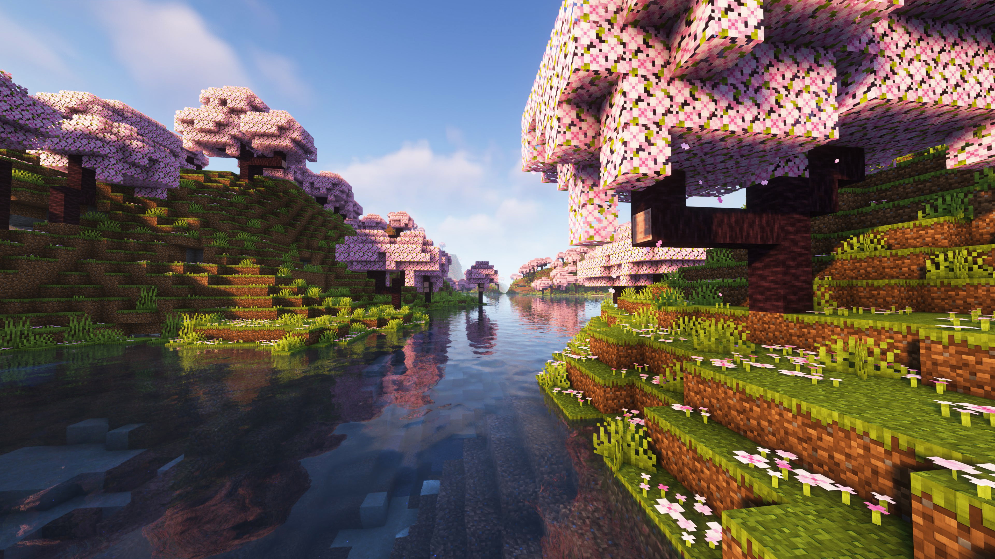 clear sky, cherry blossom, water, Minecraft