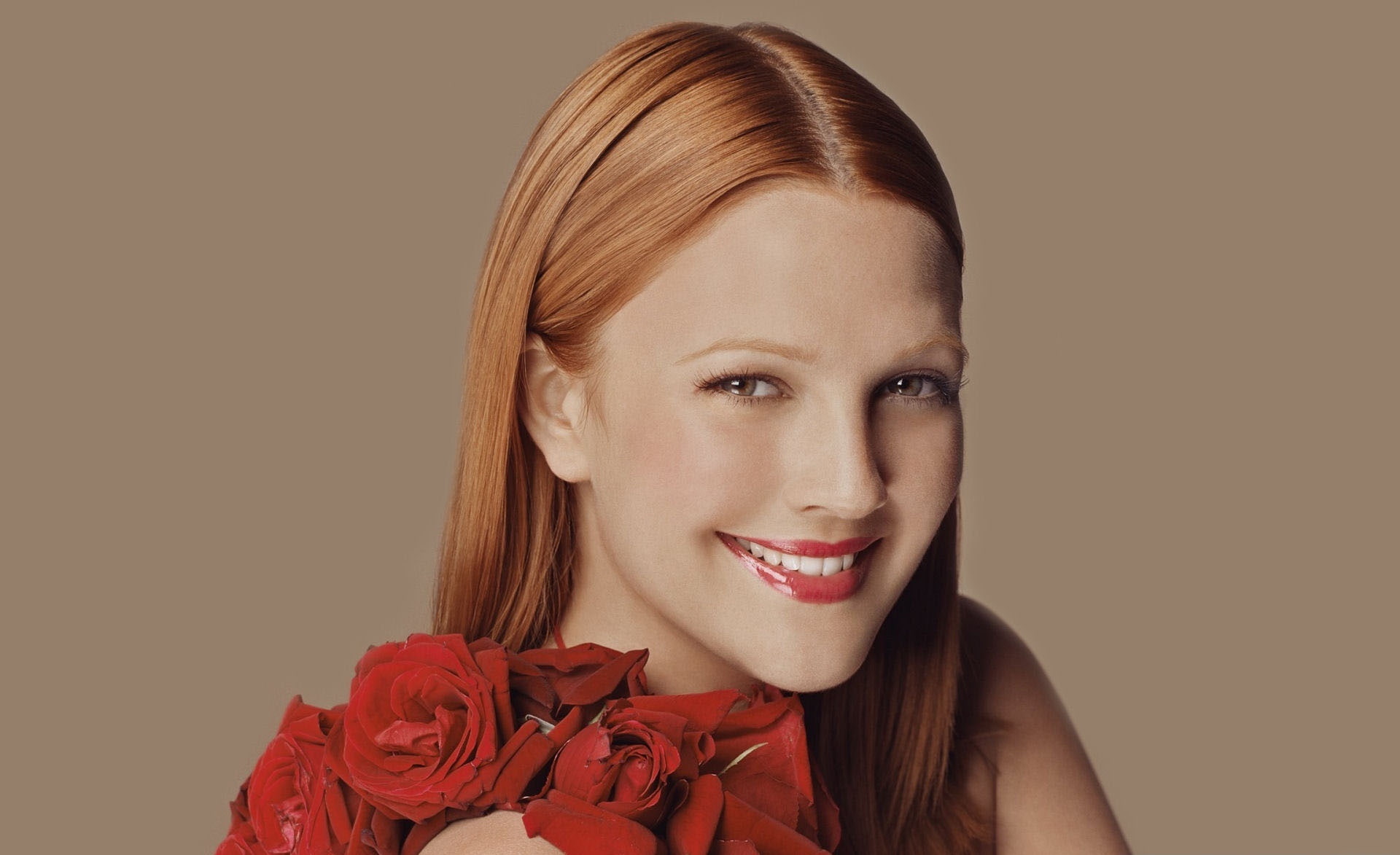 Drew Barrymore 1, women's red one-shoulder strap top with red roses accent