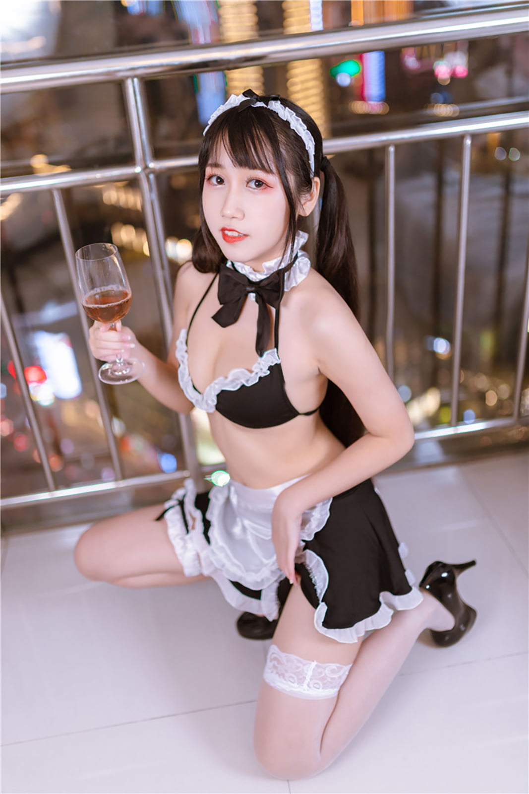 Asian, stockings, black stockings, pantihose, maid outfit, lace underwear
