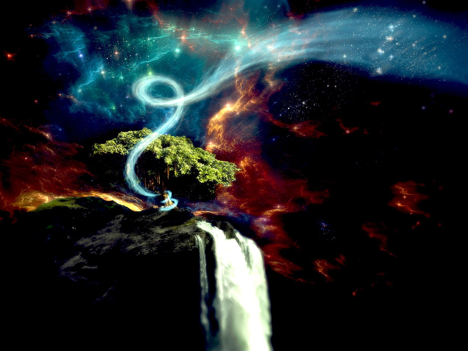 tree, waterfall, vortex