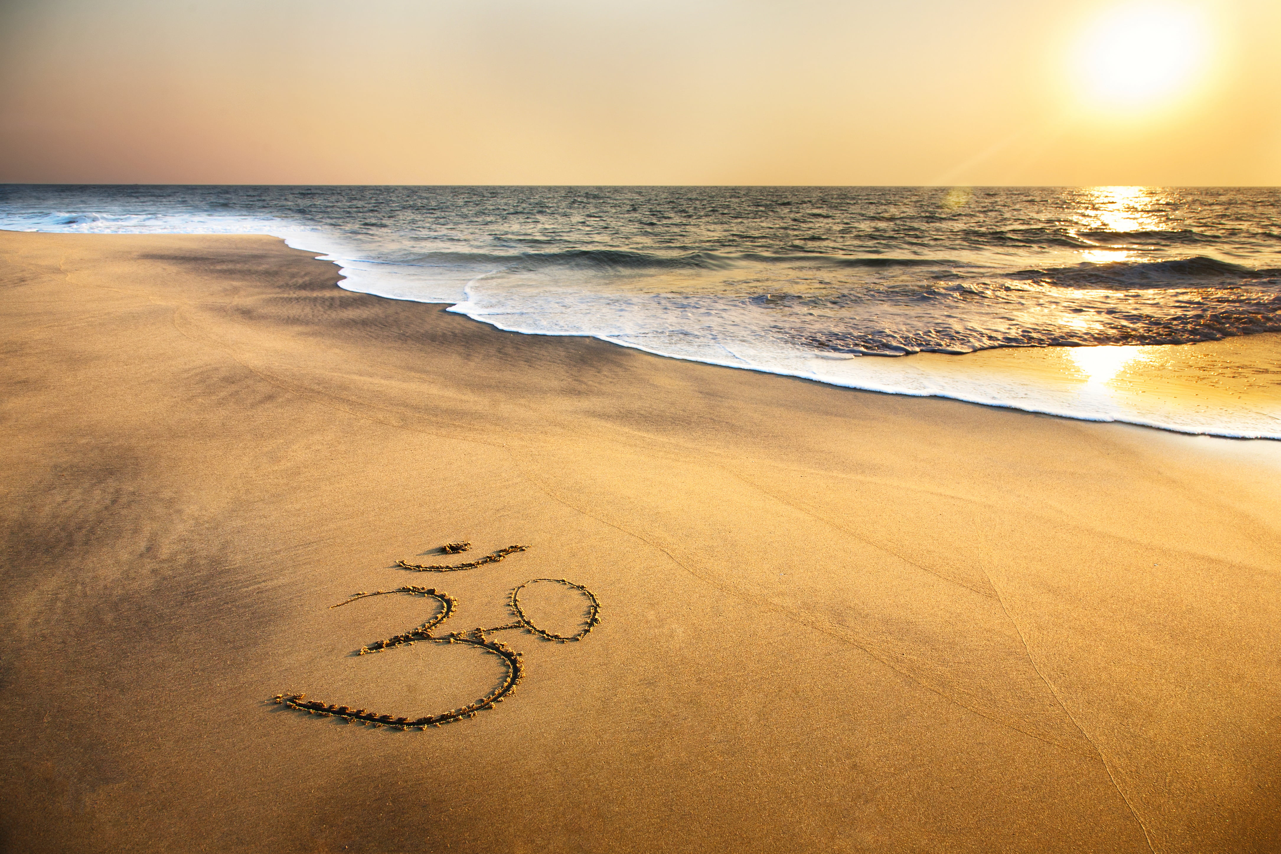 brown sand, sea, beach, sunset, shore, ocean, indian, om symbol
