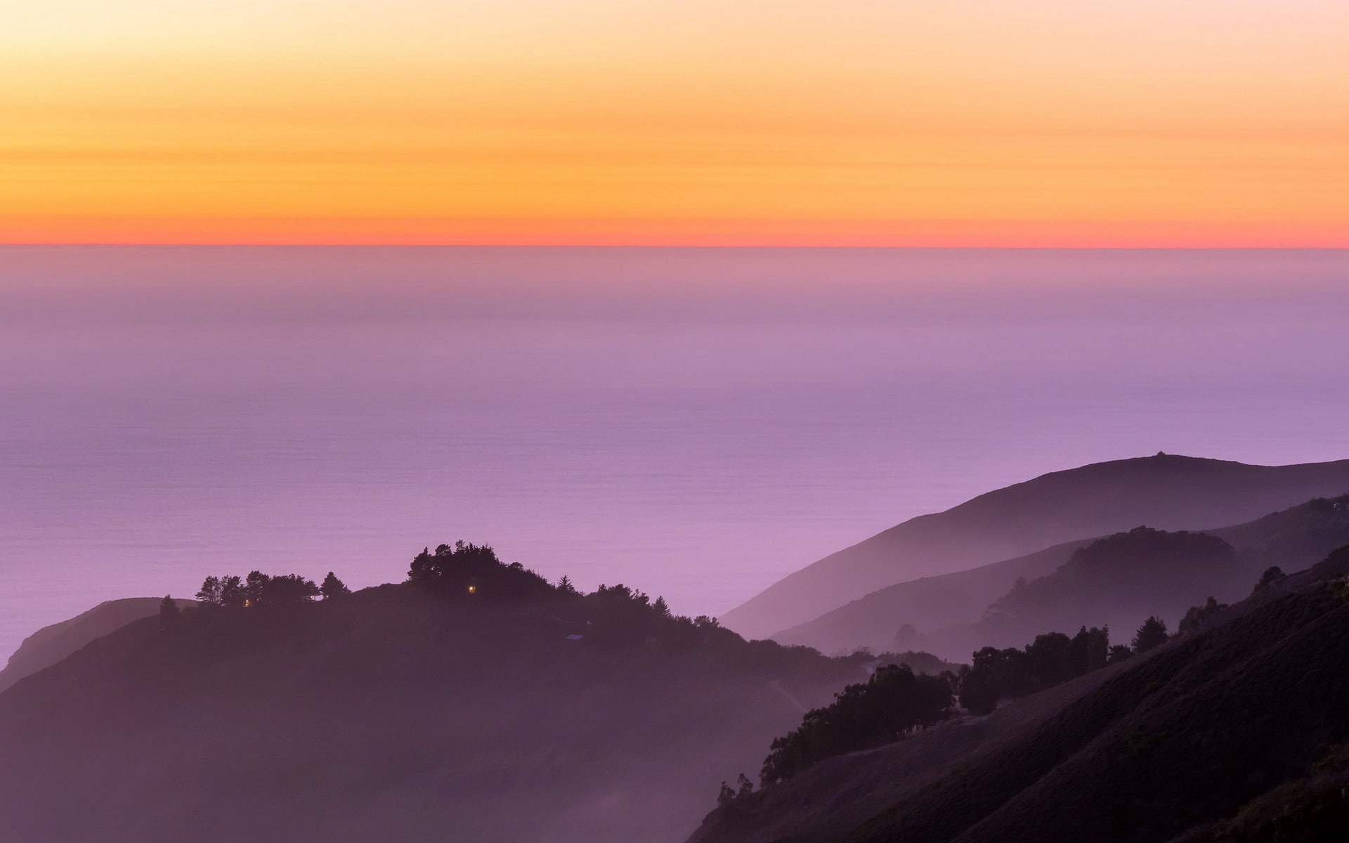 Landscape, ocean, nature, sunset, fog, Big Sur, Calfornia