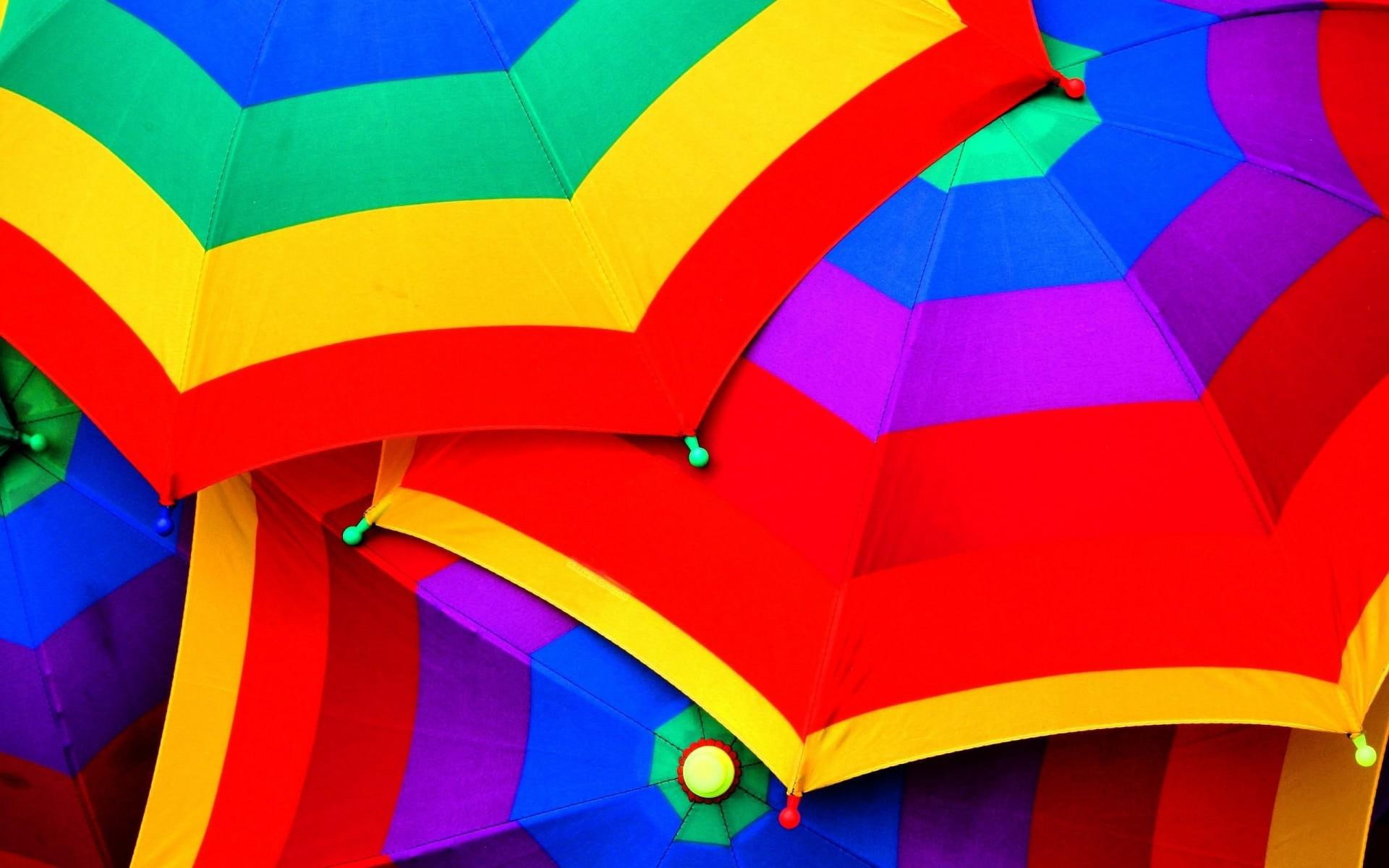 Rainbow umbrellas, blue purple red and yellow umbrellas, photography