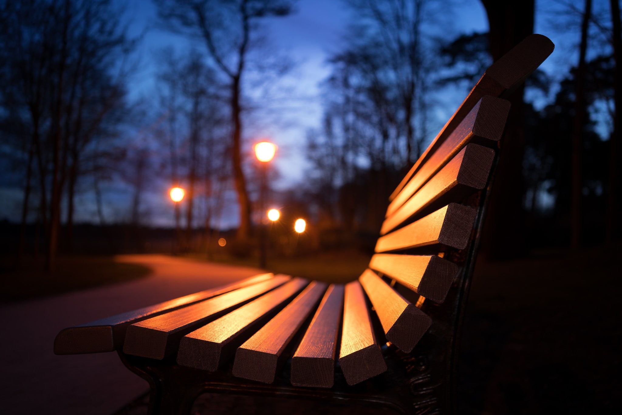 night, park, bench, lantern