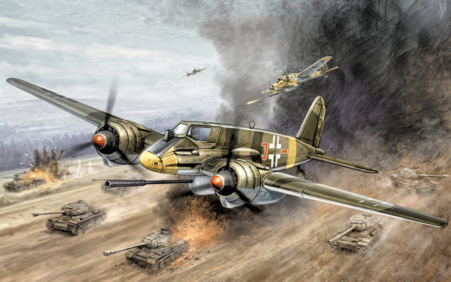 brown and gray plane digital wallpaper, war, art, painting, aviation