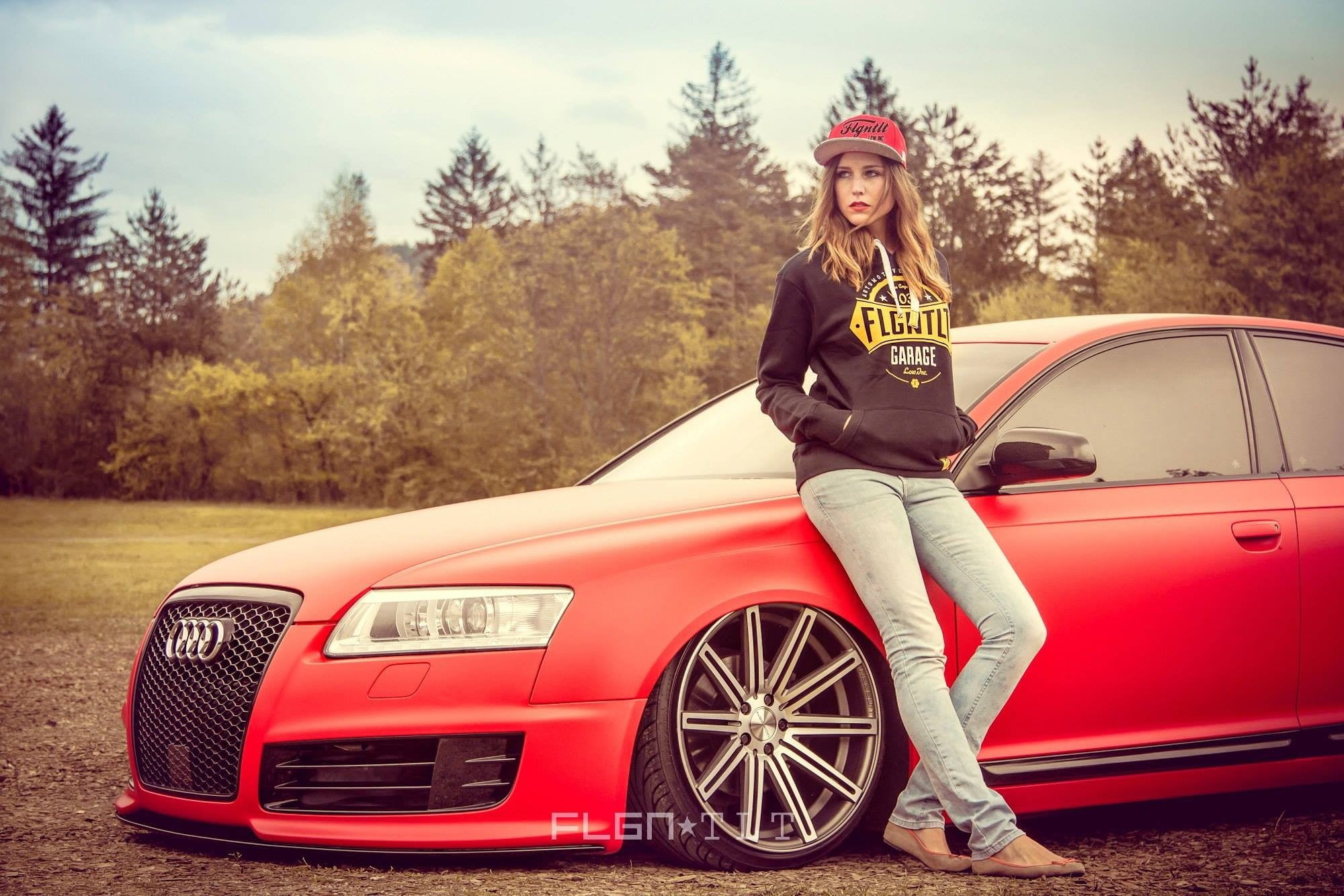 red Audi car, Audi A6, women with cars, red cars, baseball caps
