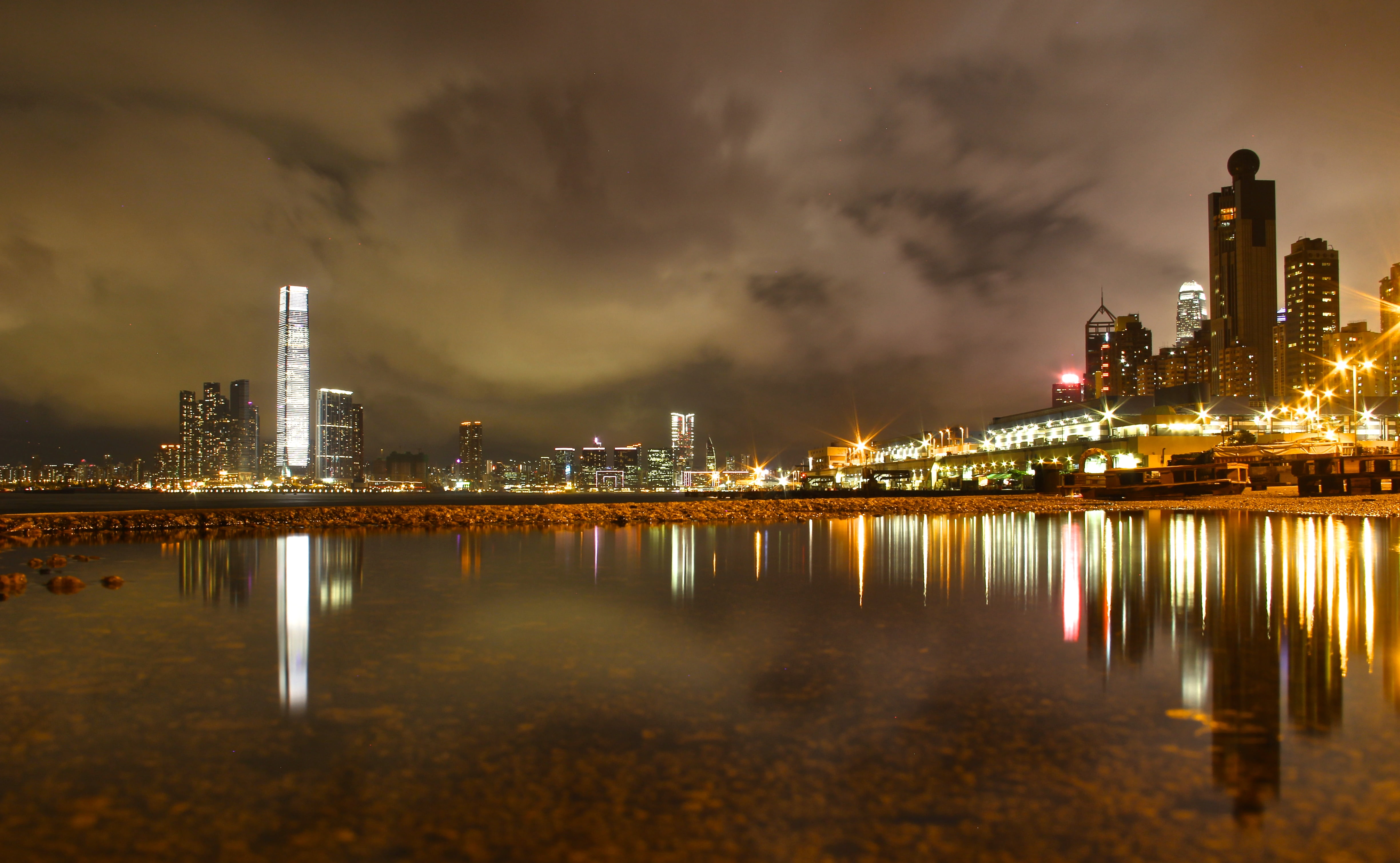 photograph of city lights, hong kong, hong kong, Water, front