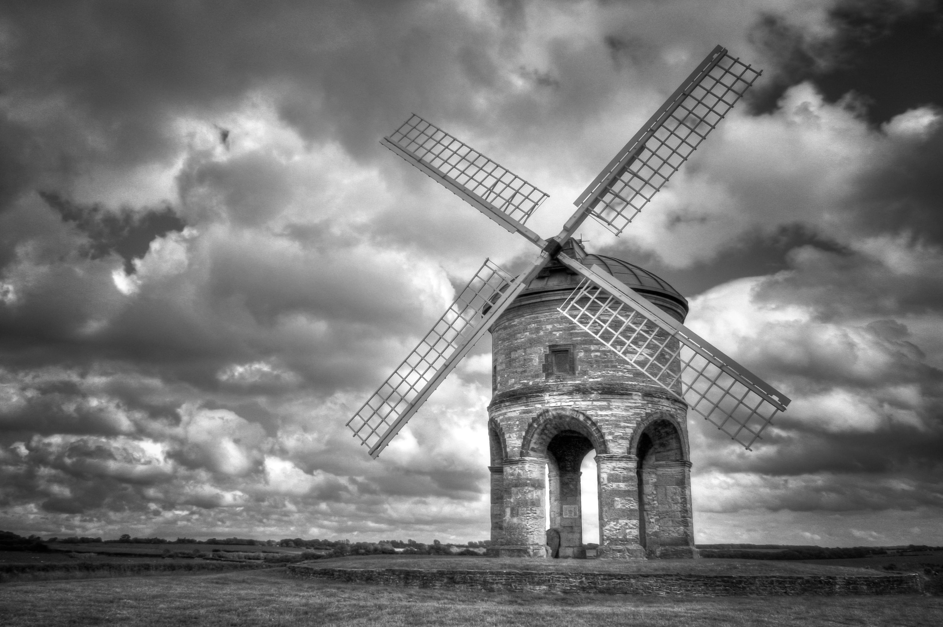 grayscale photo of windmill, swept, round, sails, Chesterton Windmill