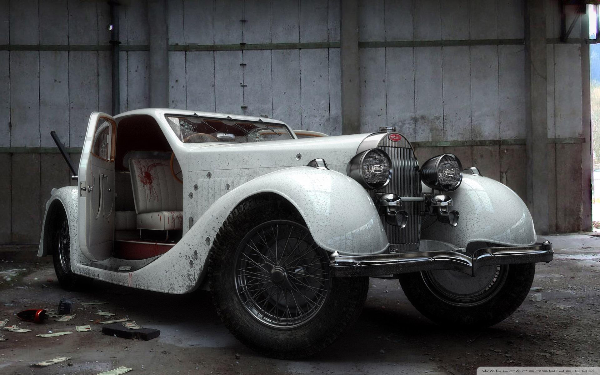Classic Bugatti, shed, old car, 1920x1200, 3d, precious, cars